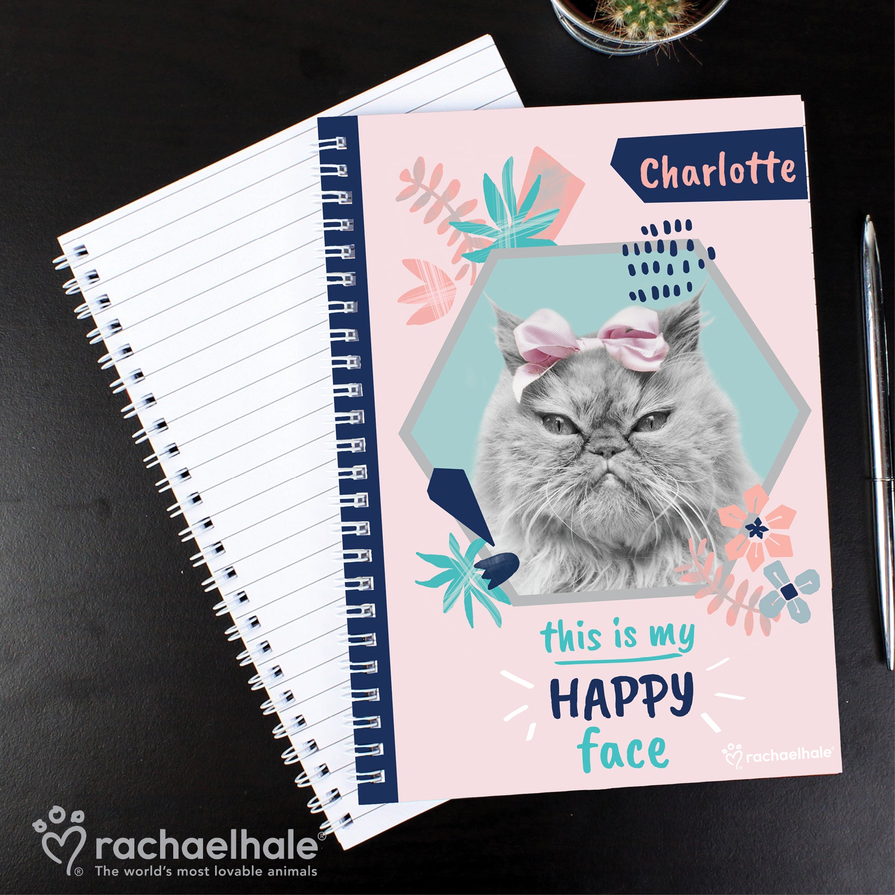 Personalised Rachael Hale 'Happy Face' Cat A5 Notebook