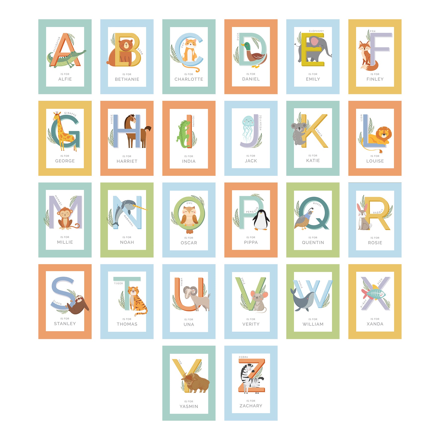 Personalised Animal Alphabet A3 White Framed Print