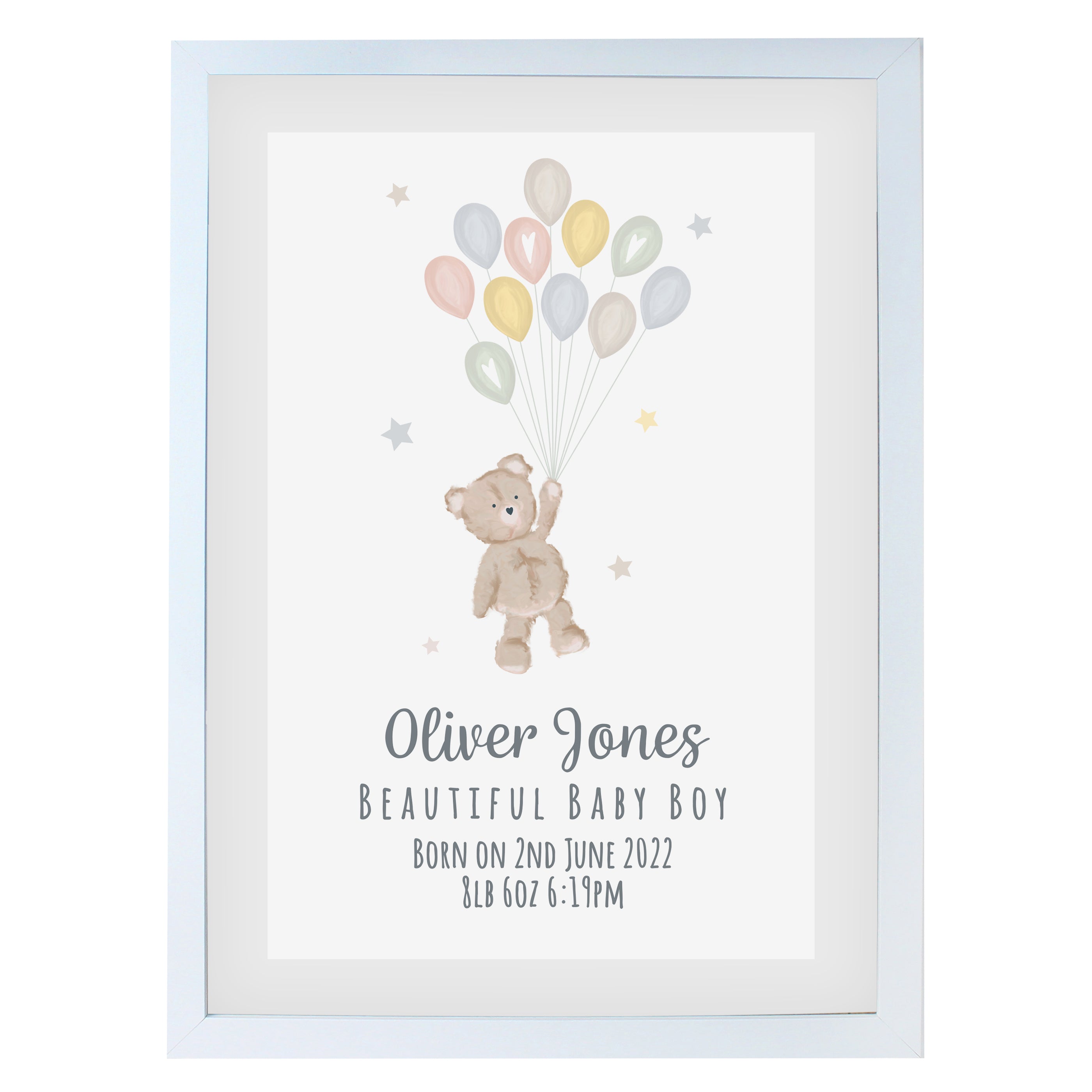 Personalised Teddy & Balloons A3 White Framed Print