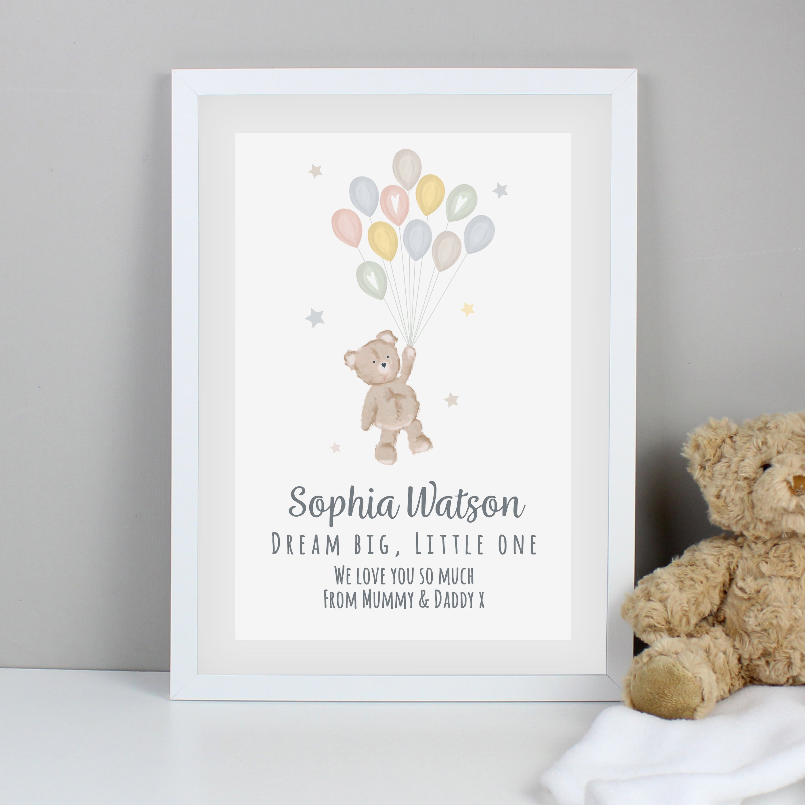 Personalised Teddy & Balloons A3 White Framed Print