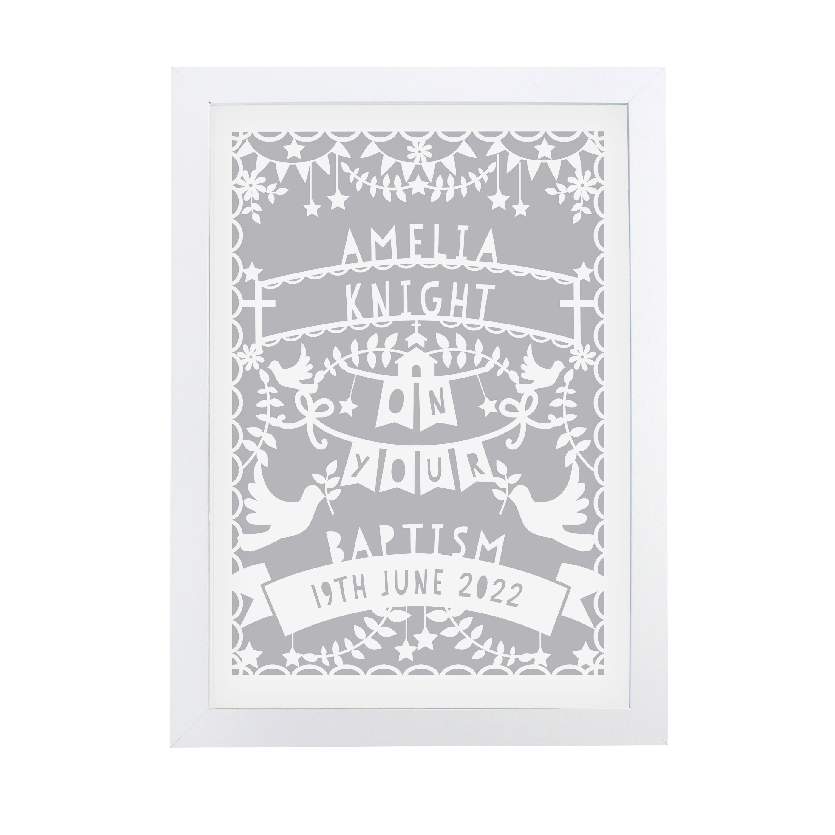 Personalised Grey Papercut Style A4 White Framed Print