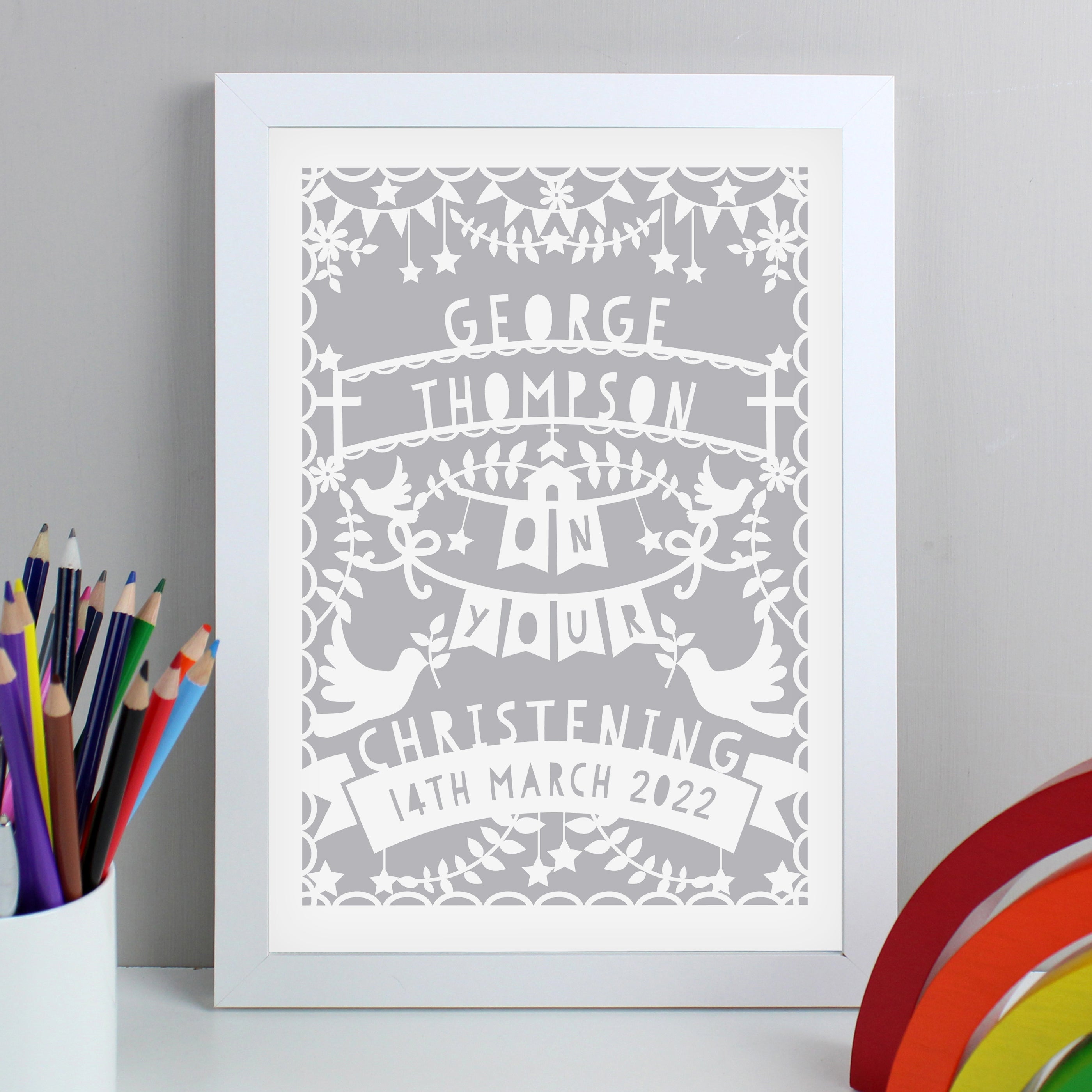 Personalised Grey Papercut Style A4 White Framed Print