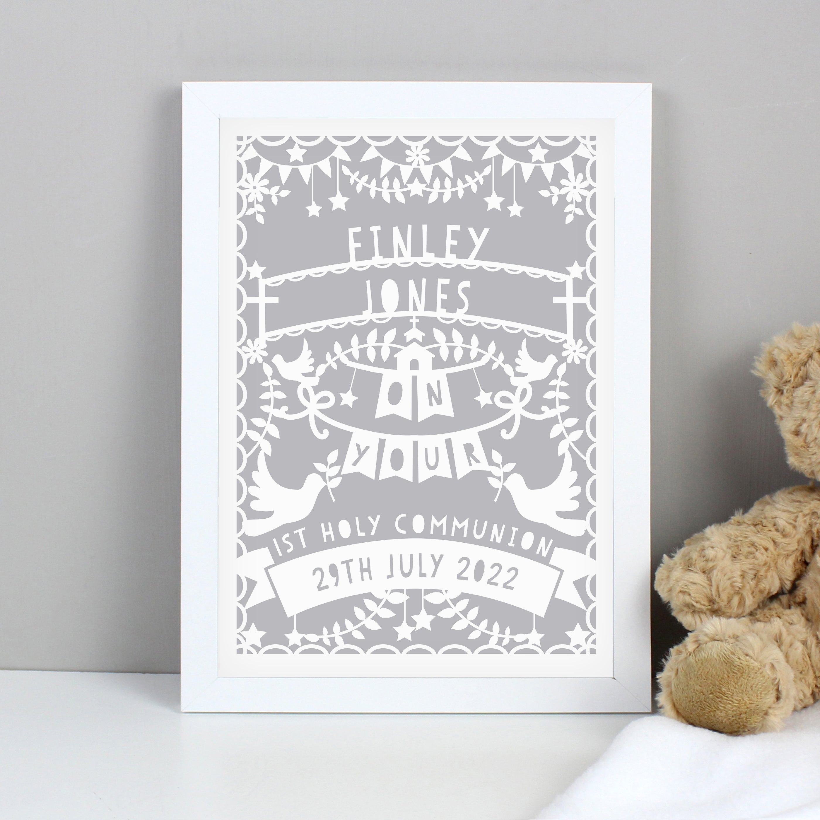 Personalised Grey Papercut Style A4 White Framed Print