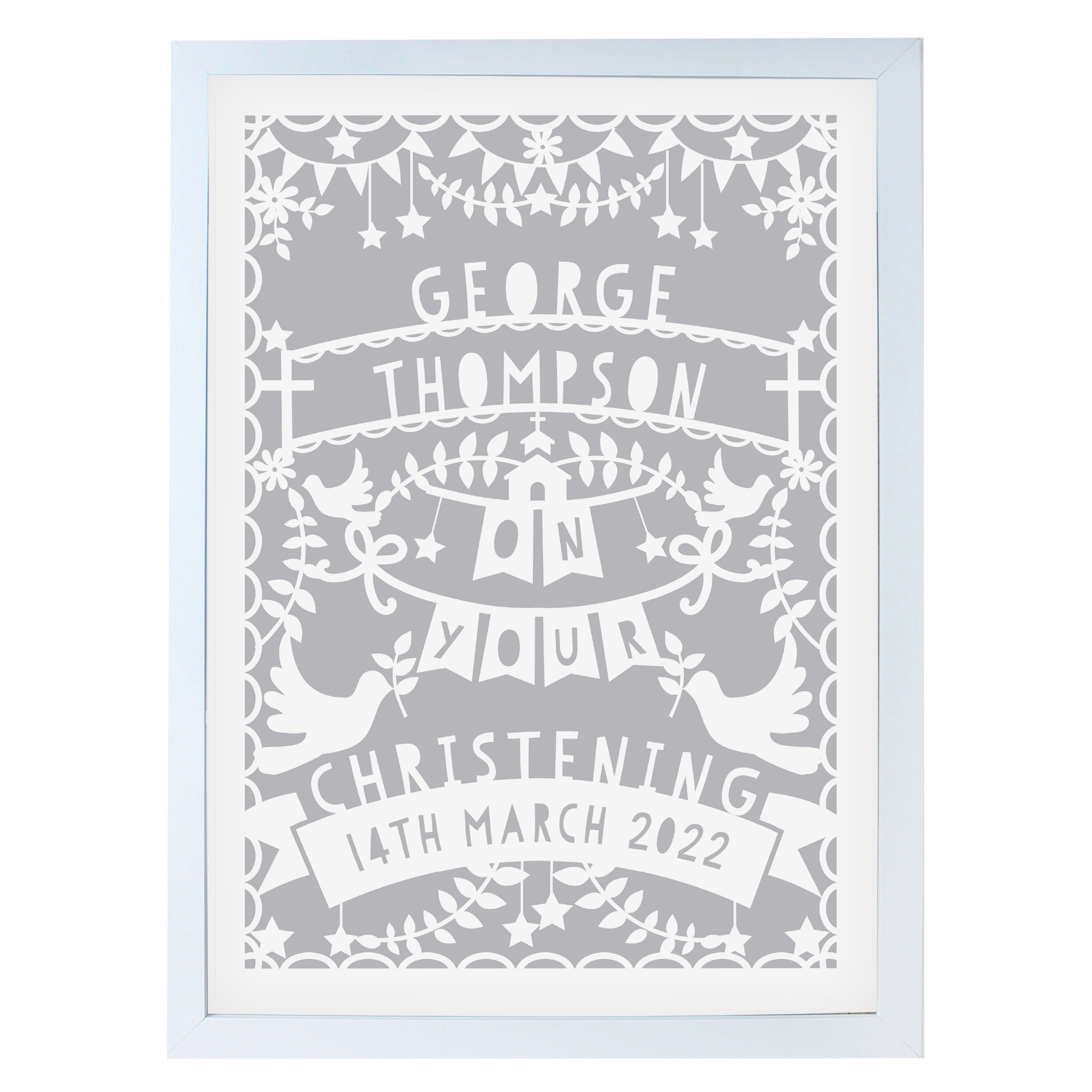 Personalised Grey Papercut Style A3 White Framed Print