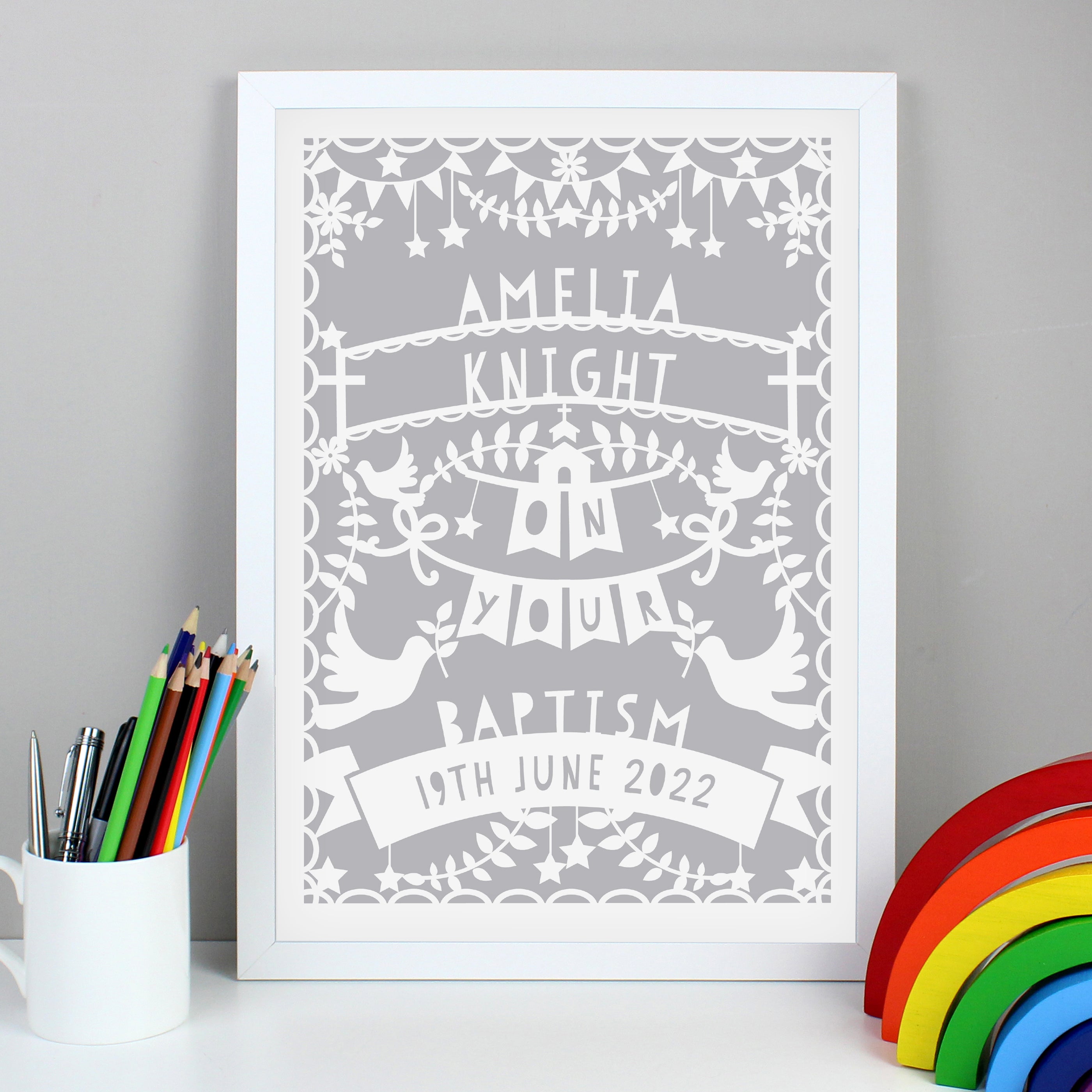 Personalised Grey Papercut Style A3 White Framed Print