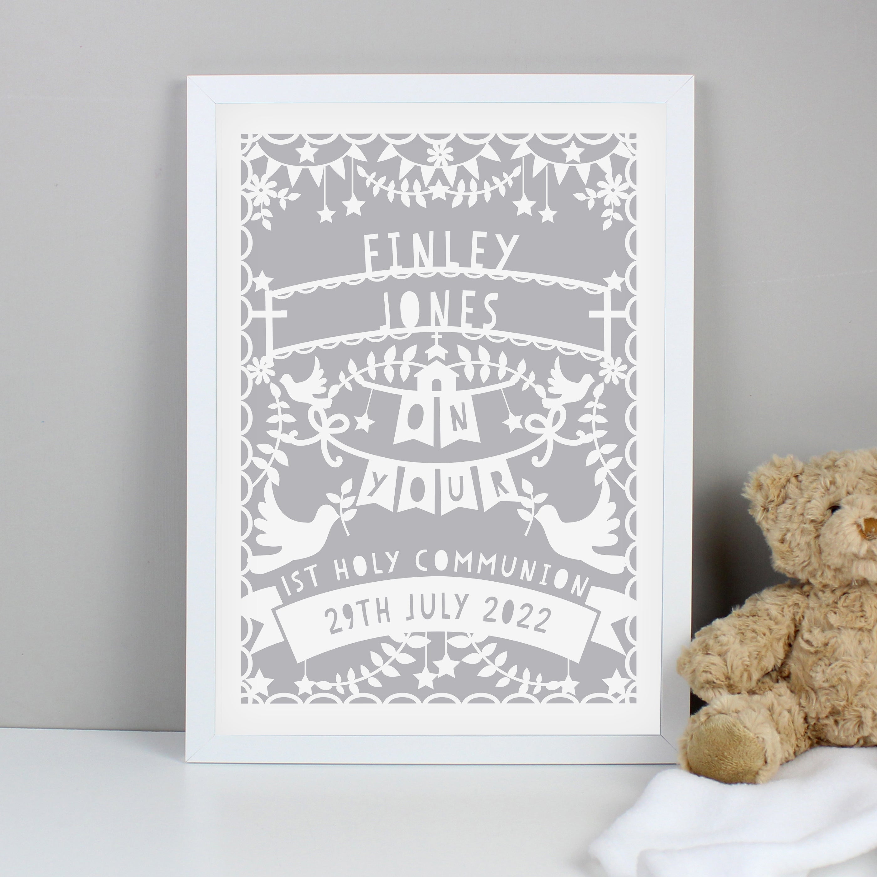 Personalised Grey Papercut Style A3 White Framed Print