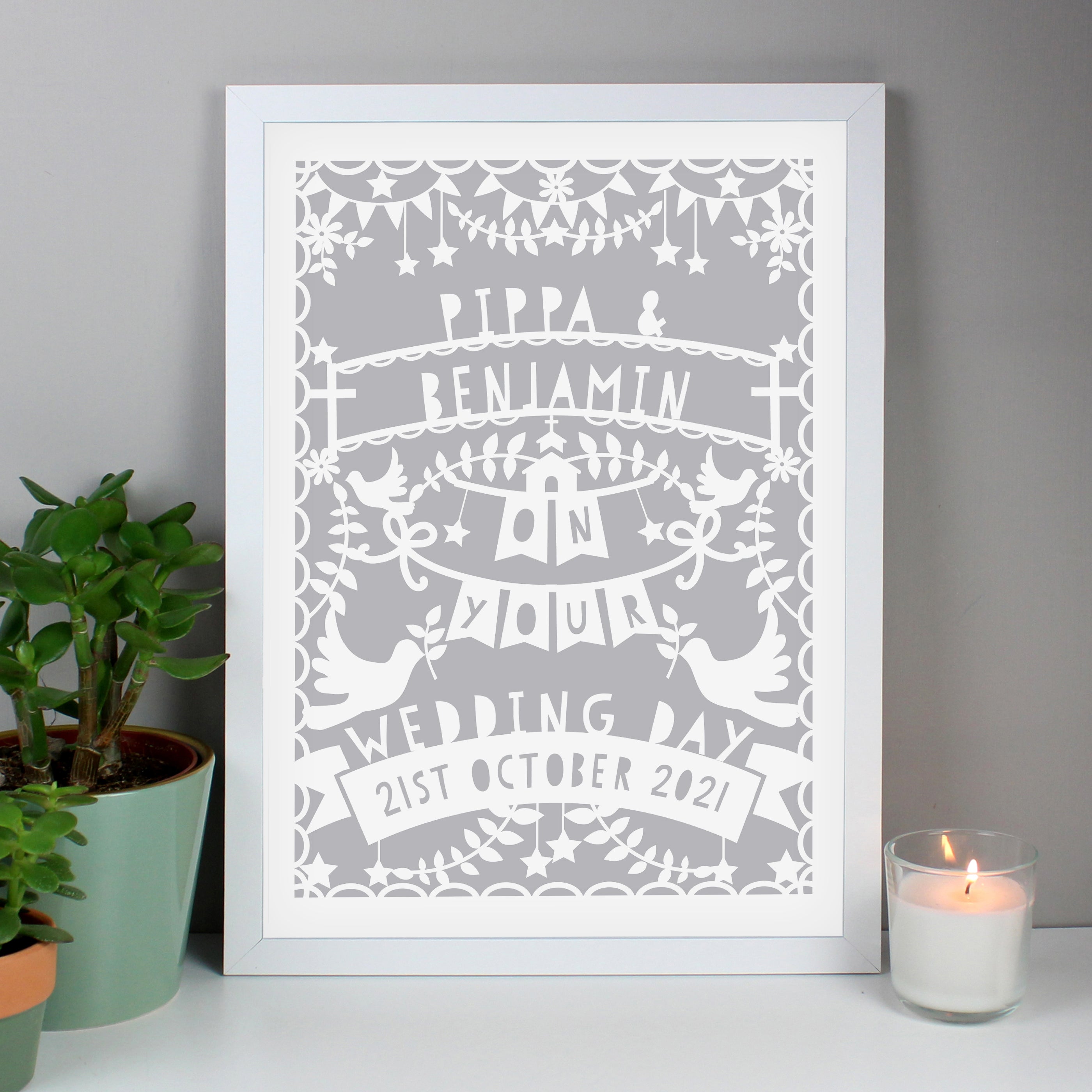 Personalised Grey Papercut Style A3 White Framed Print