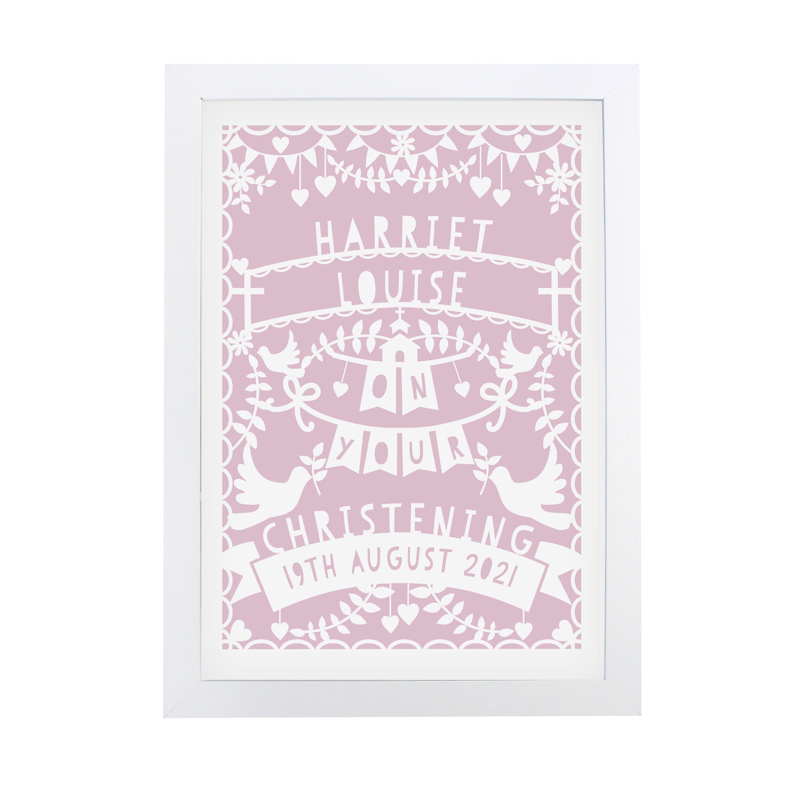 Personalised Pink Papercut Style A4 White Framed Print