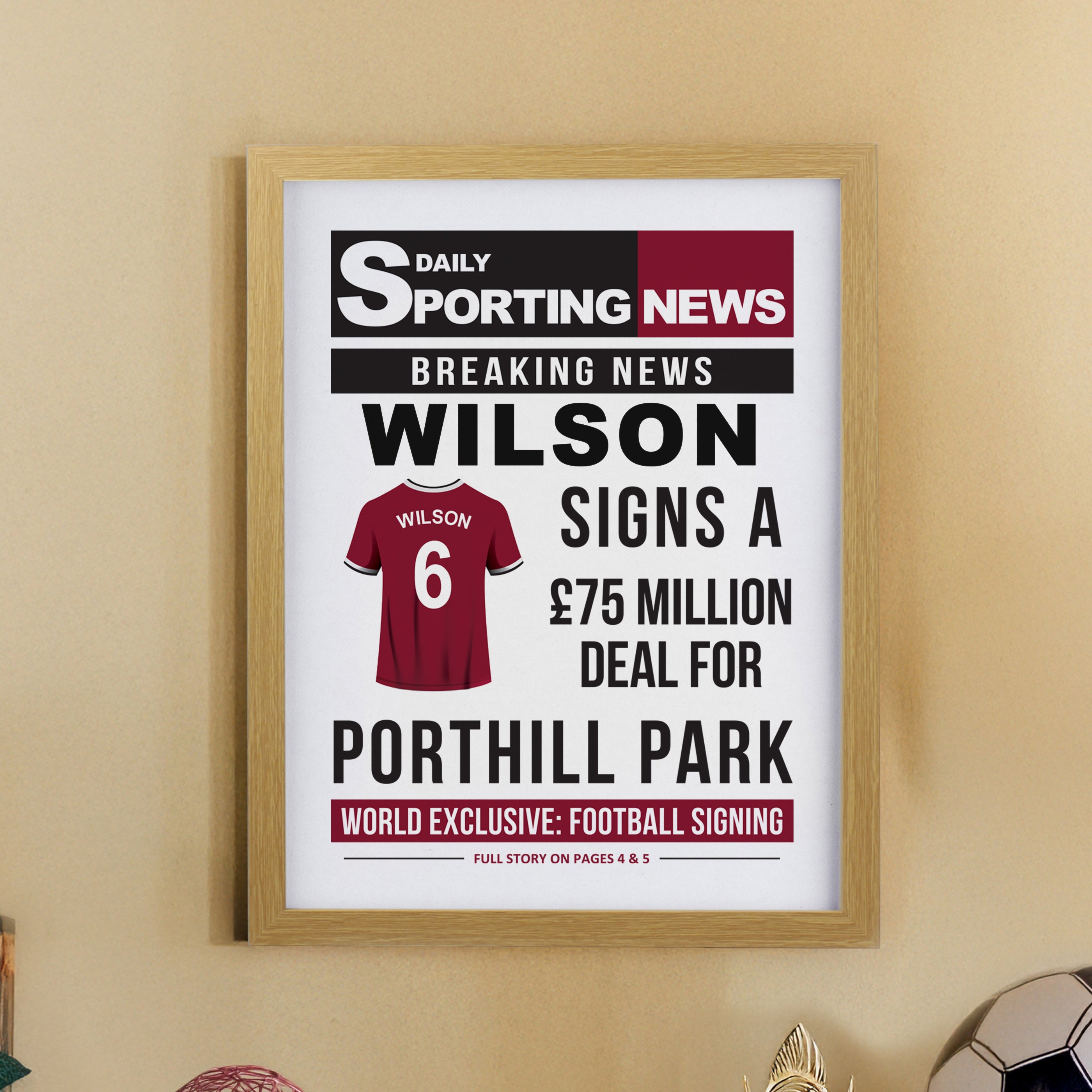 Personalised Football News Oak Poster Frame