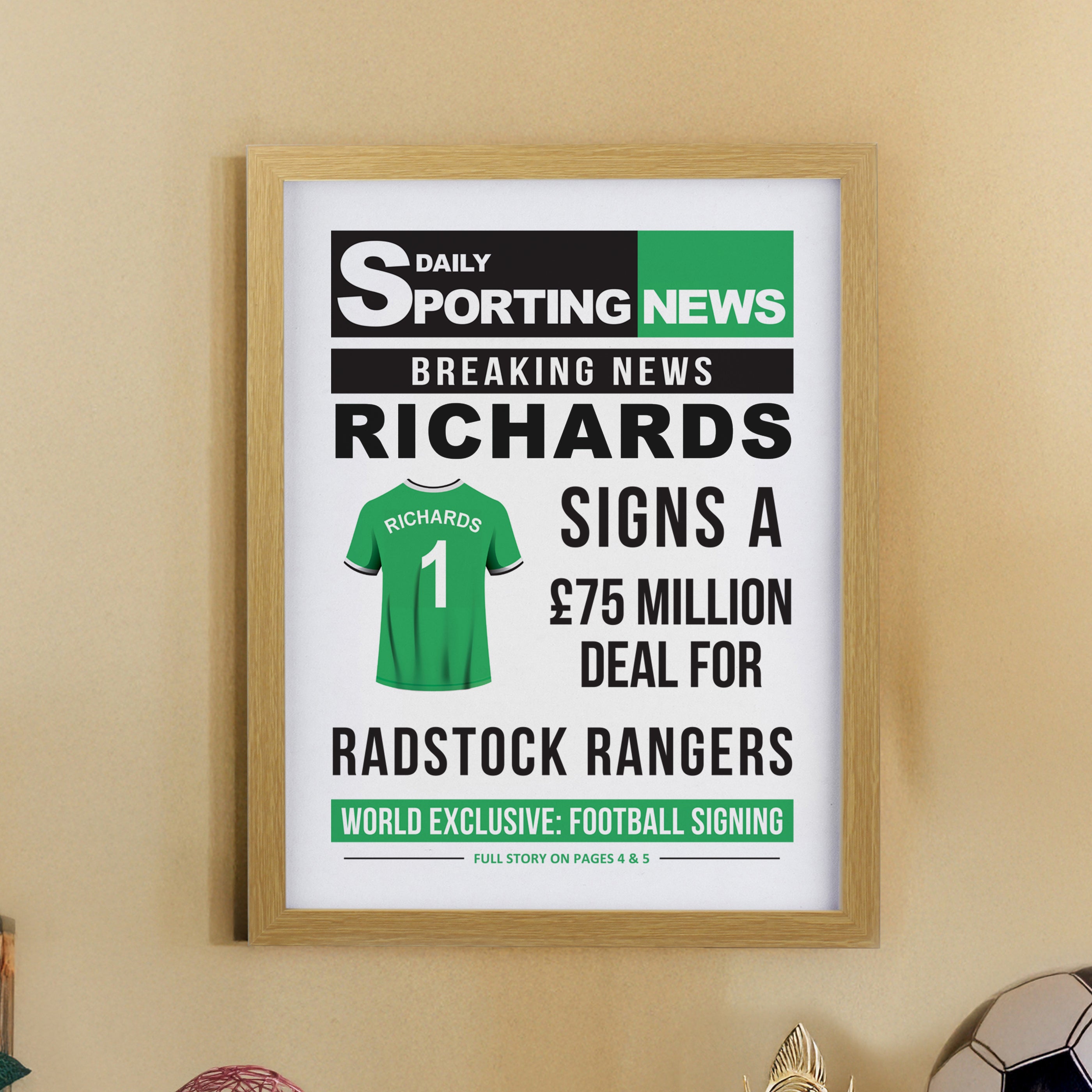 Personalised Football News Oak Poster Frame