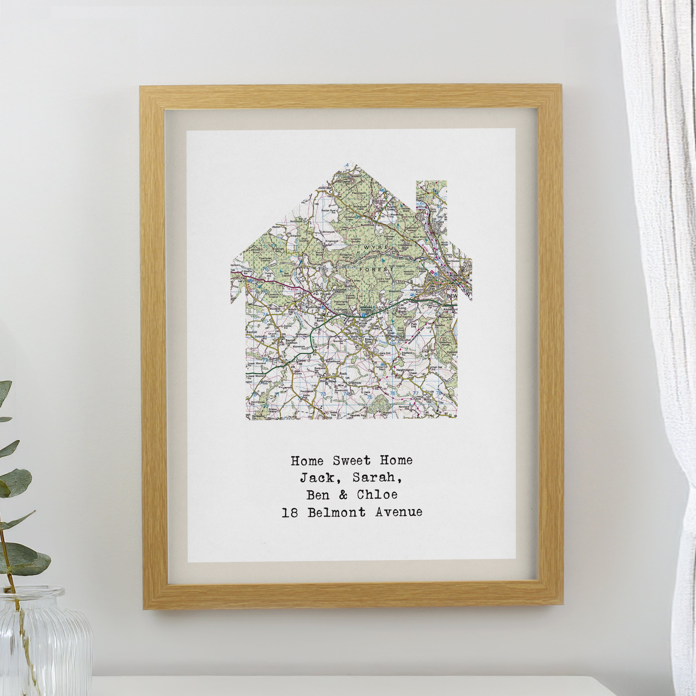 Personalised Present Day Map Home Oak Poster Frame