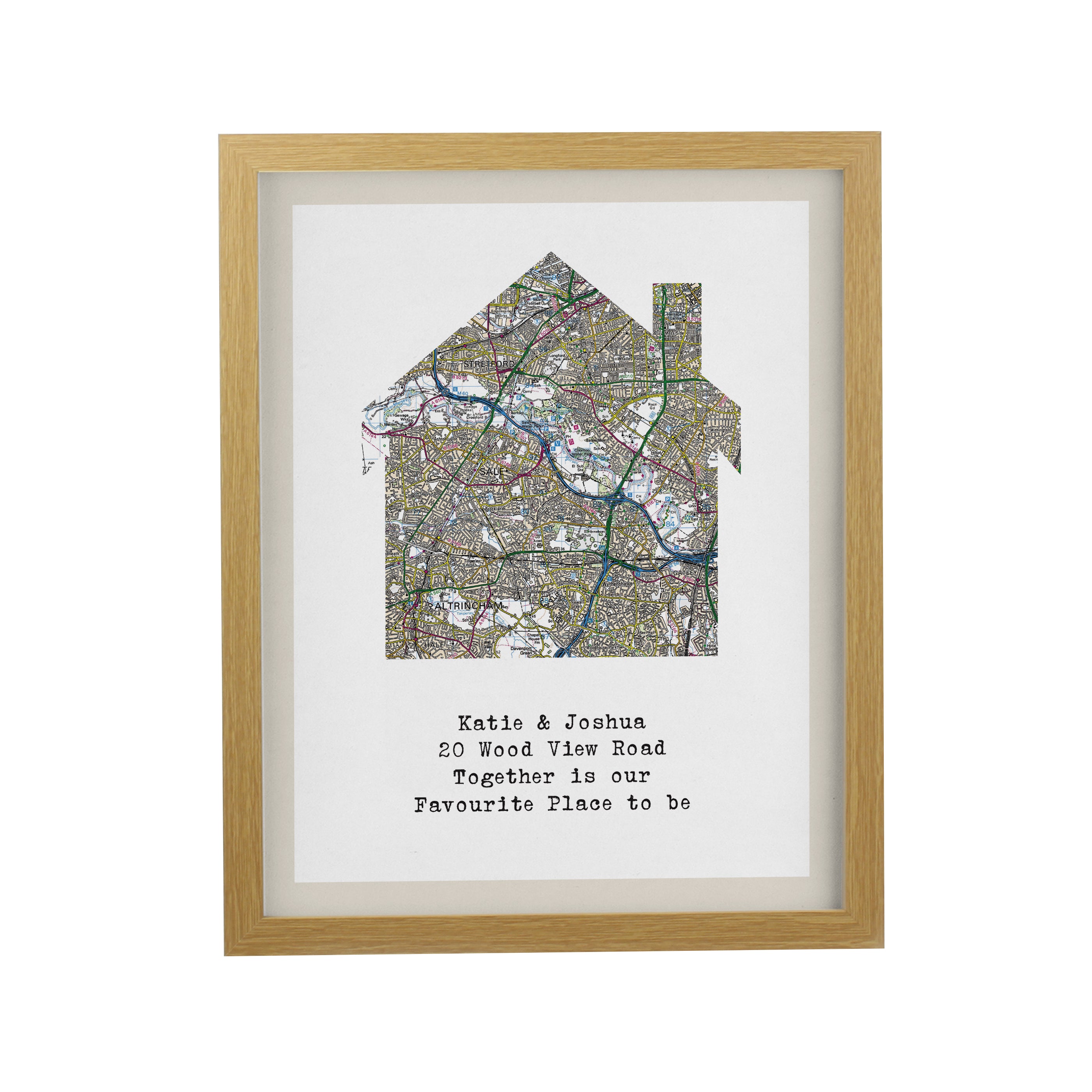 Personalised Present Day Map Home Oak Poster Frame