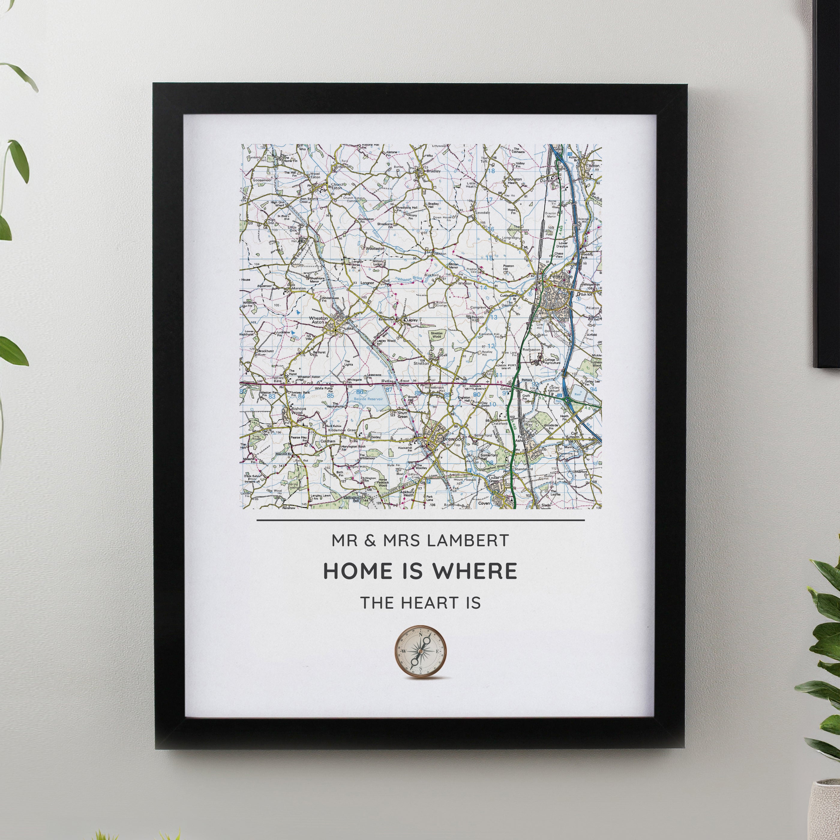 Personalised Present Day Map Compass Black Poster Frame