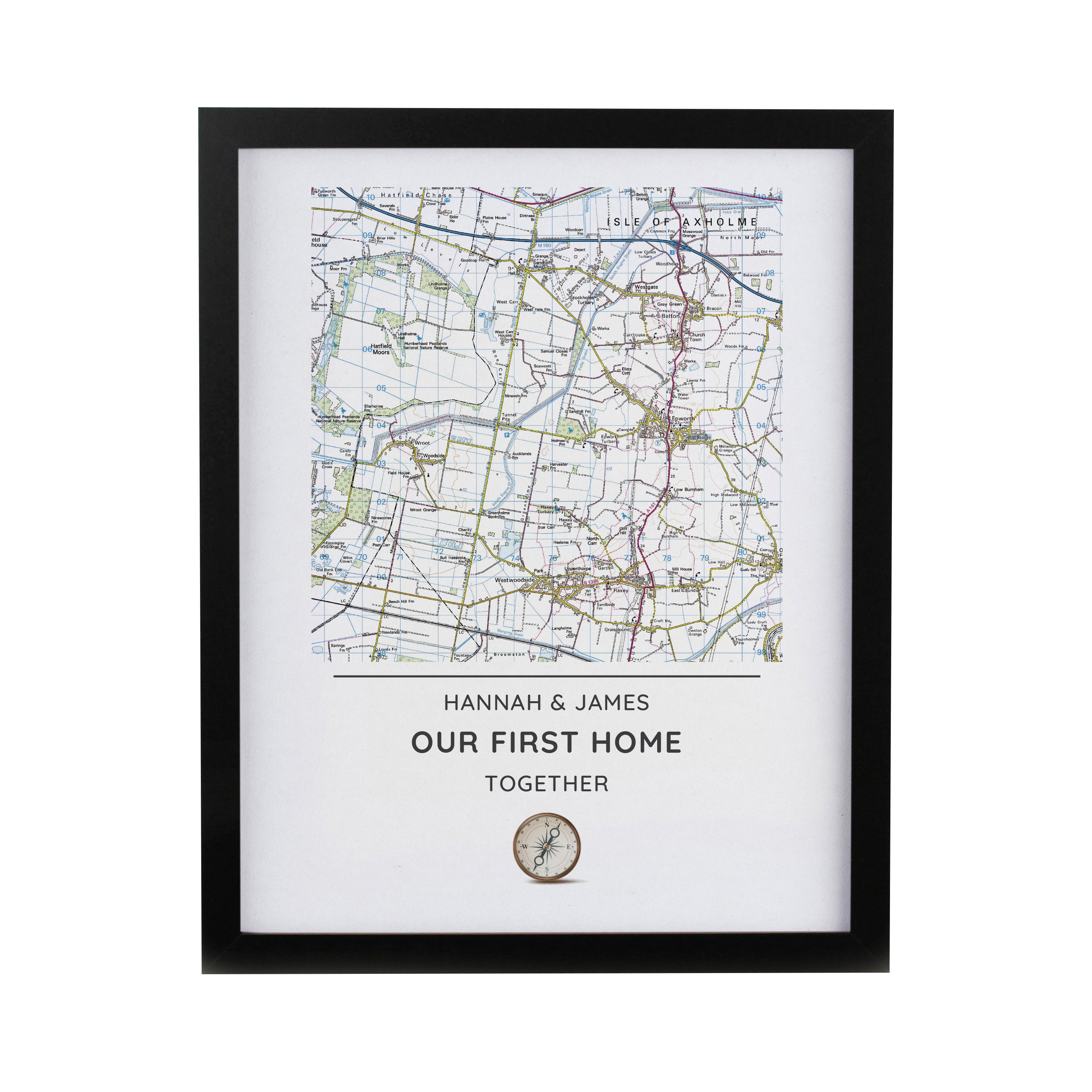 Personalised Present Day Map Compass Black Poster Frame