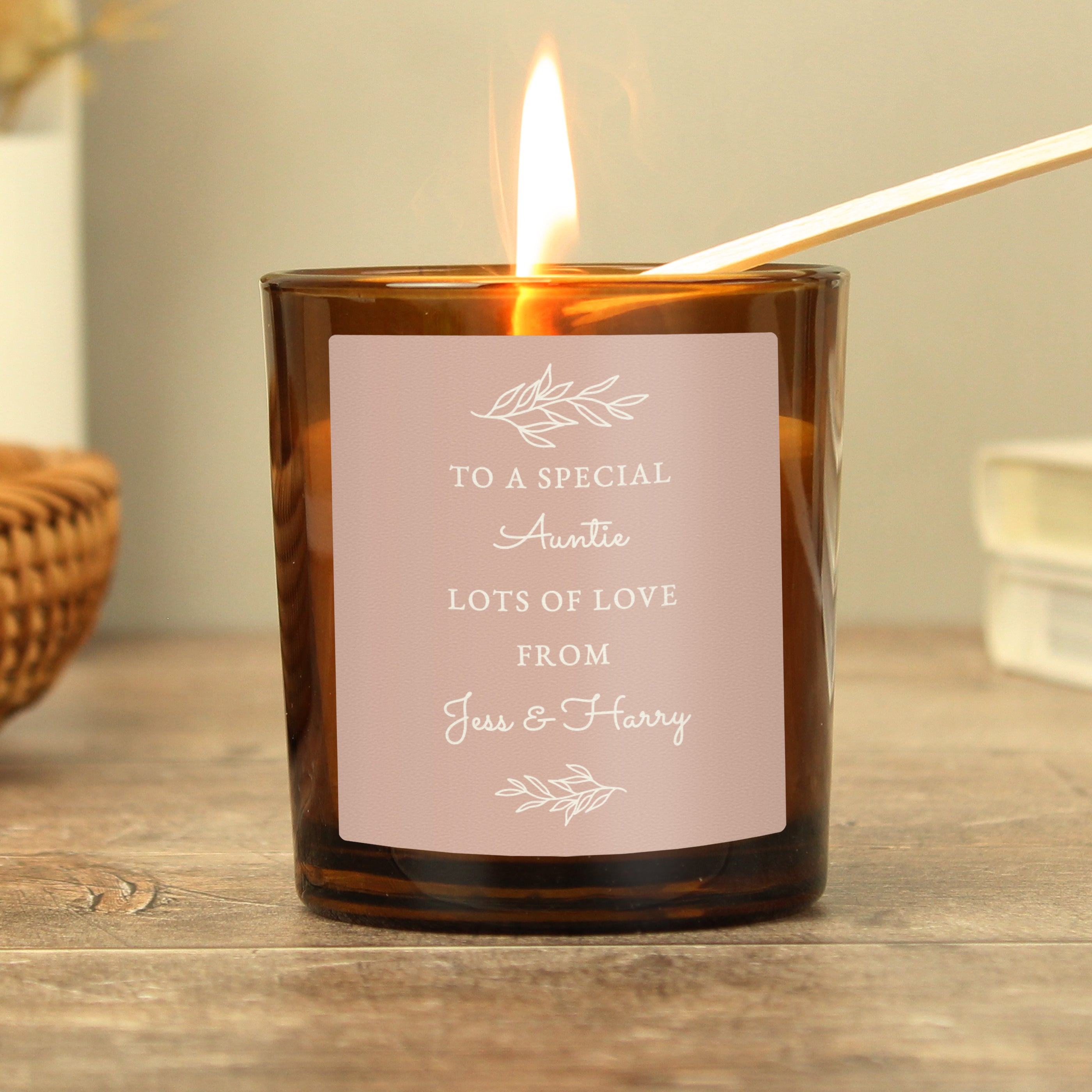 Personalised Pink Label Amber Glass Candle