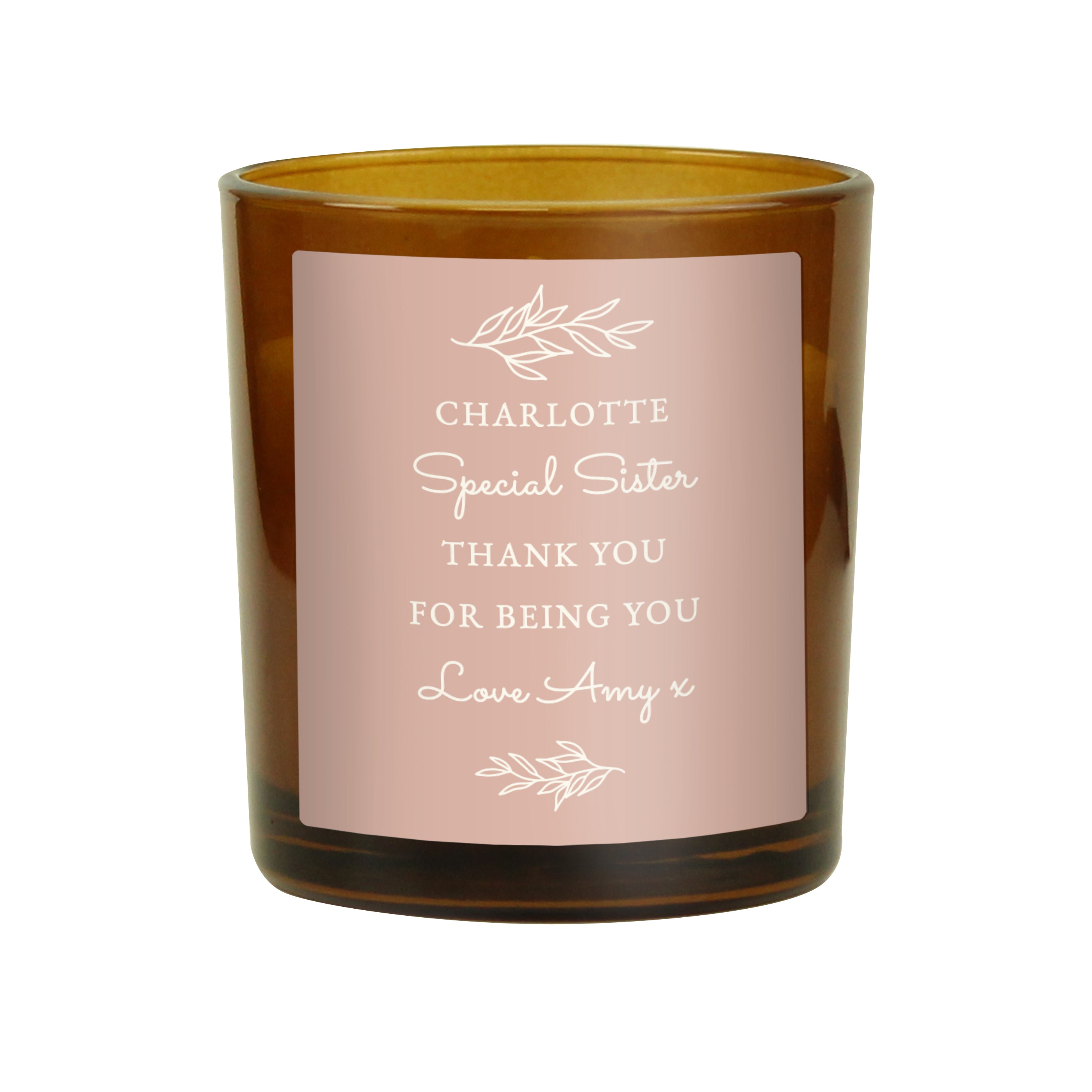 Personalised Pink Label Amber Glass Candle