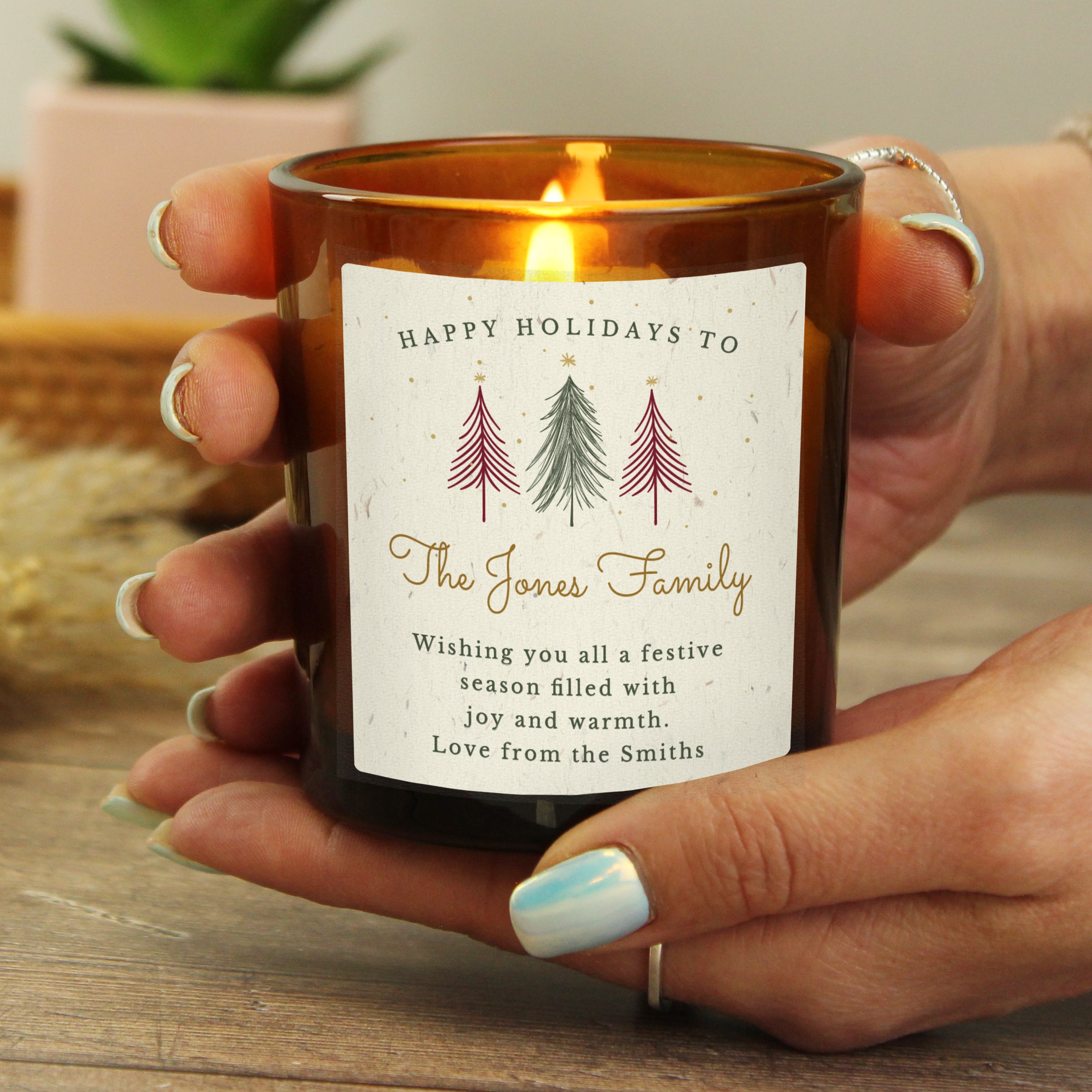 Personalised Christmas Tree Amber Glass Candle