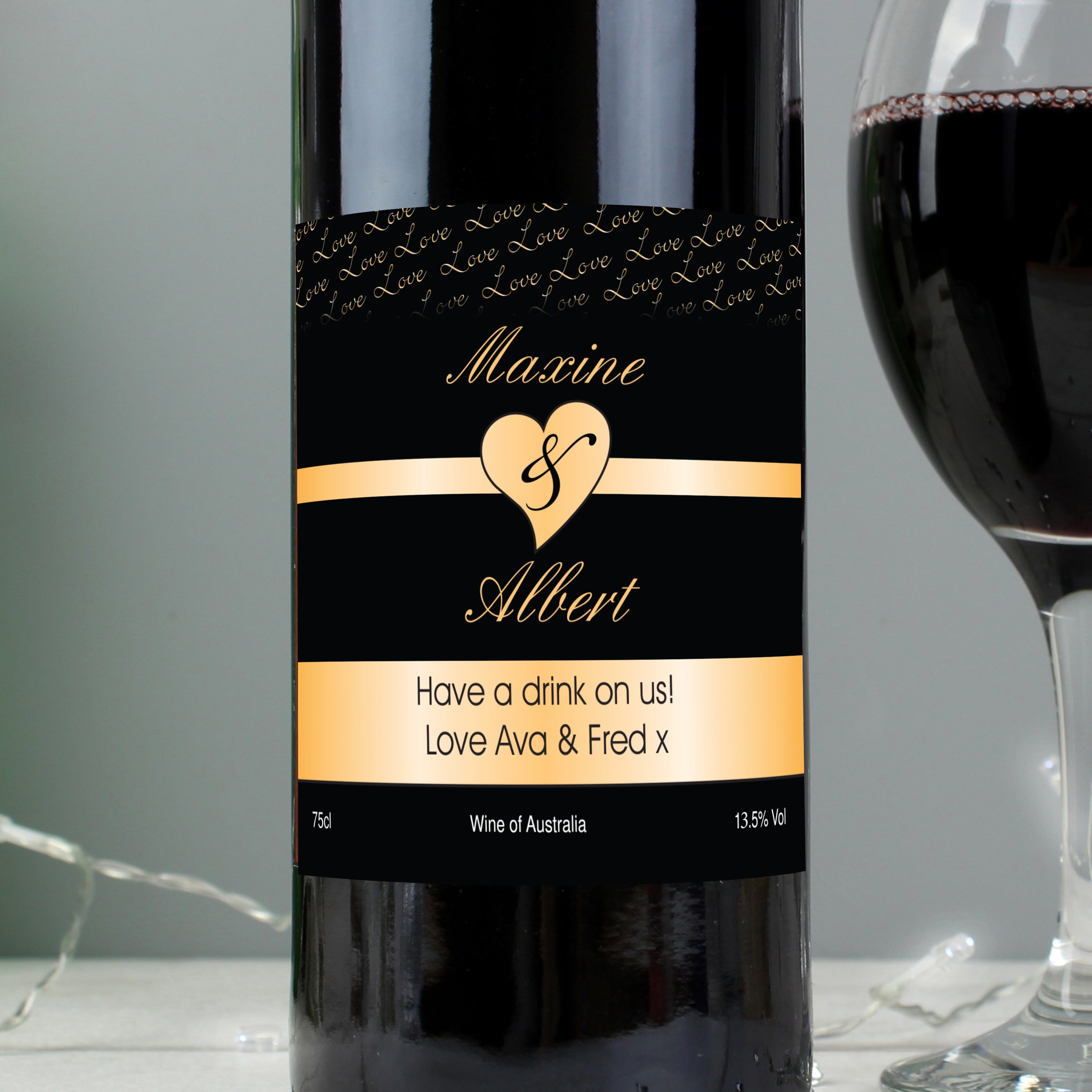 Personalised Couples Heart Red Wine- Black Design