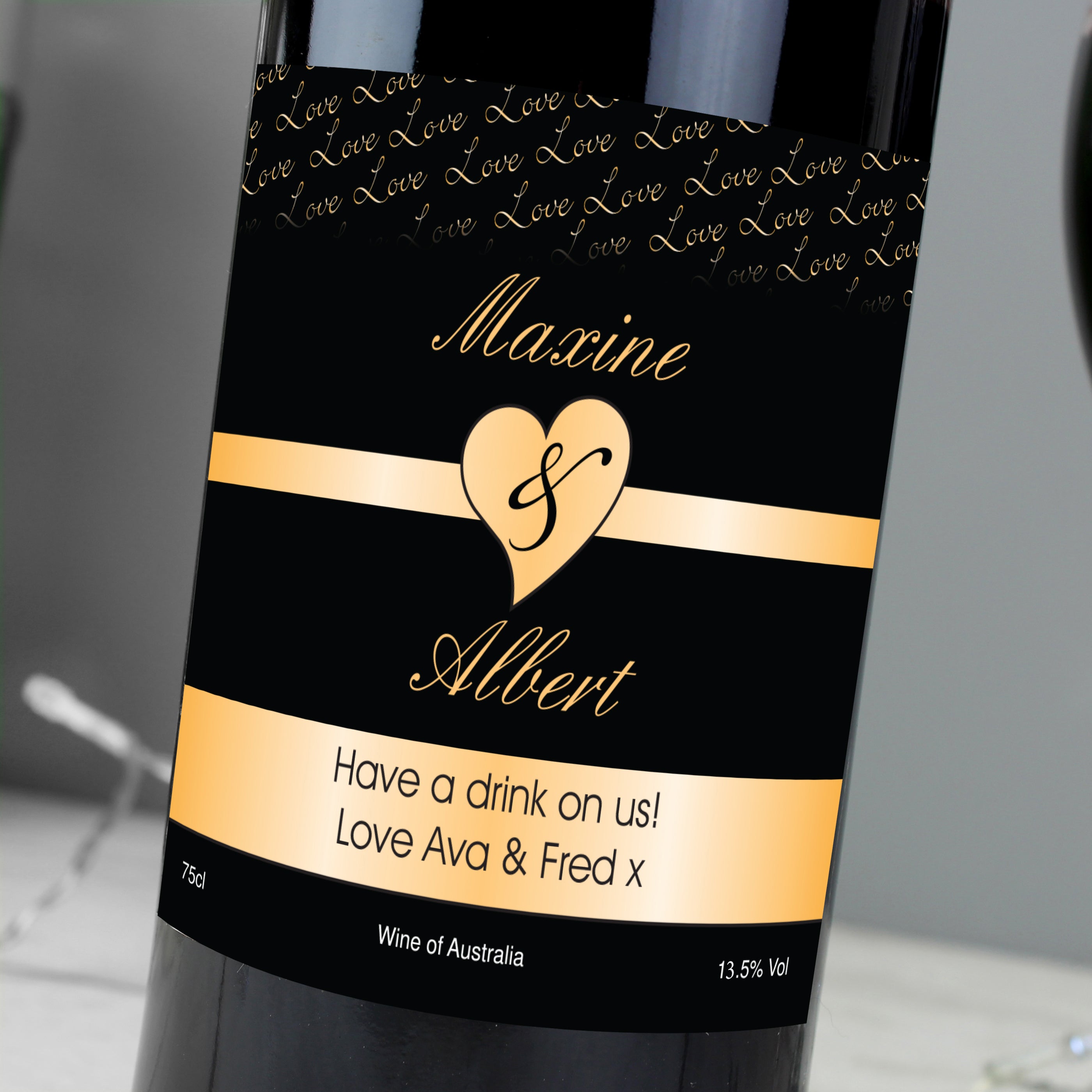 Personalised Couples Heart Red Wine- Black Design