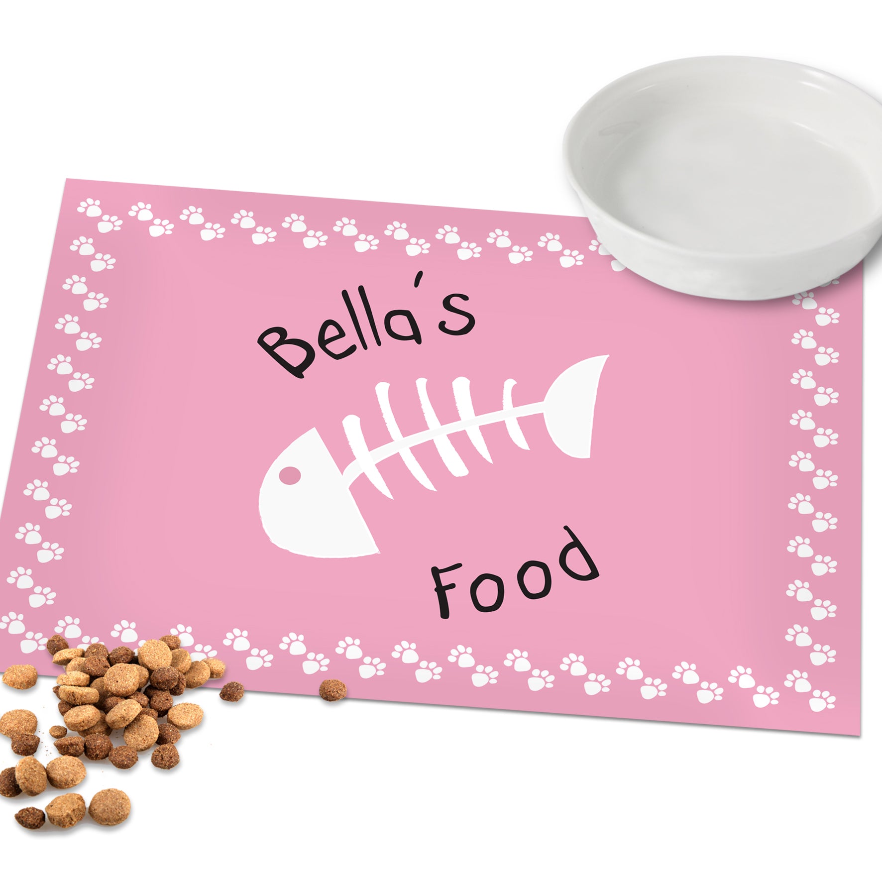 Personalised Pink Fish Bone Cat Pet Bowl Mat