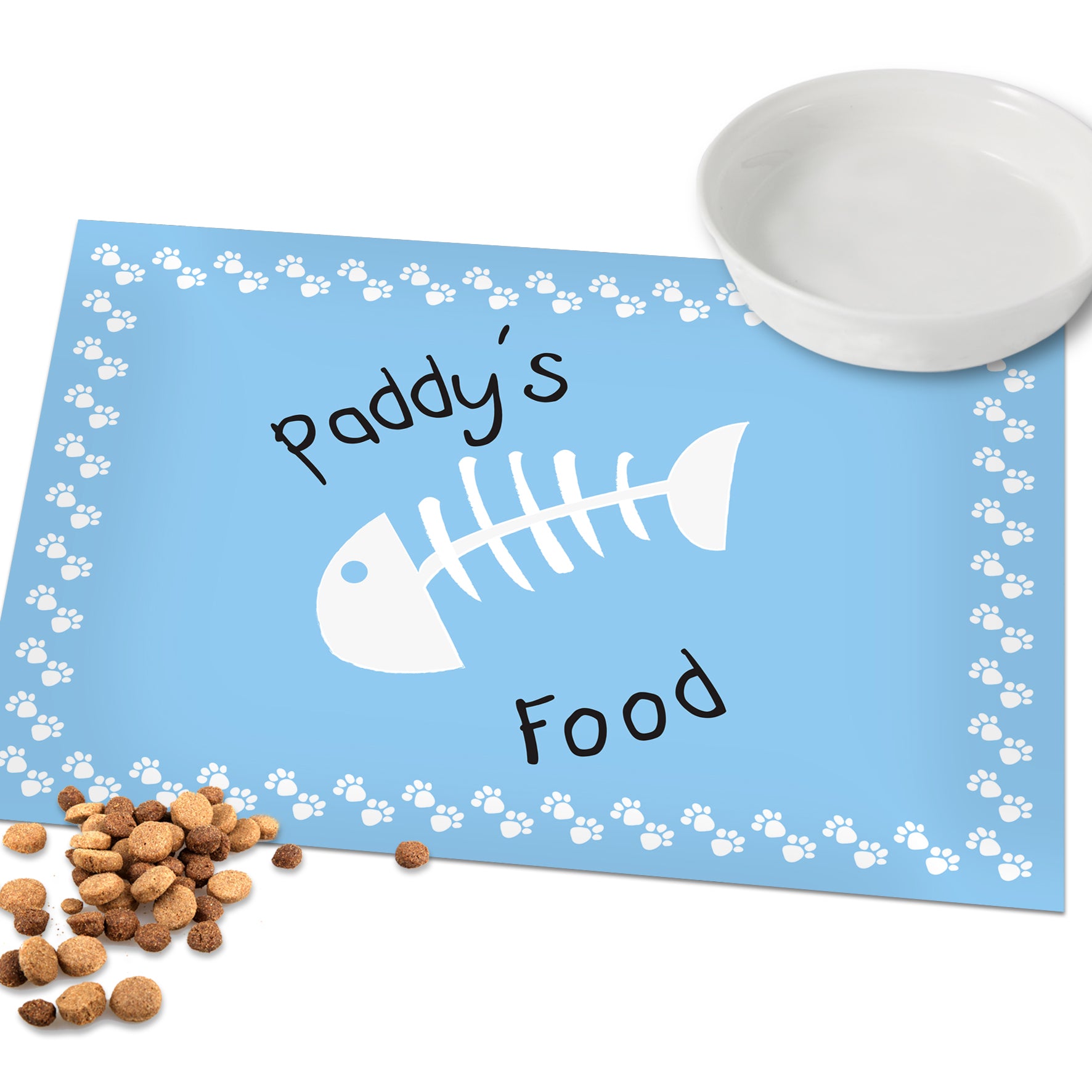 Personalised Blue Fish Bone Cat Pet Bowl Mat