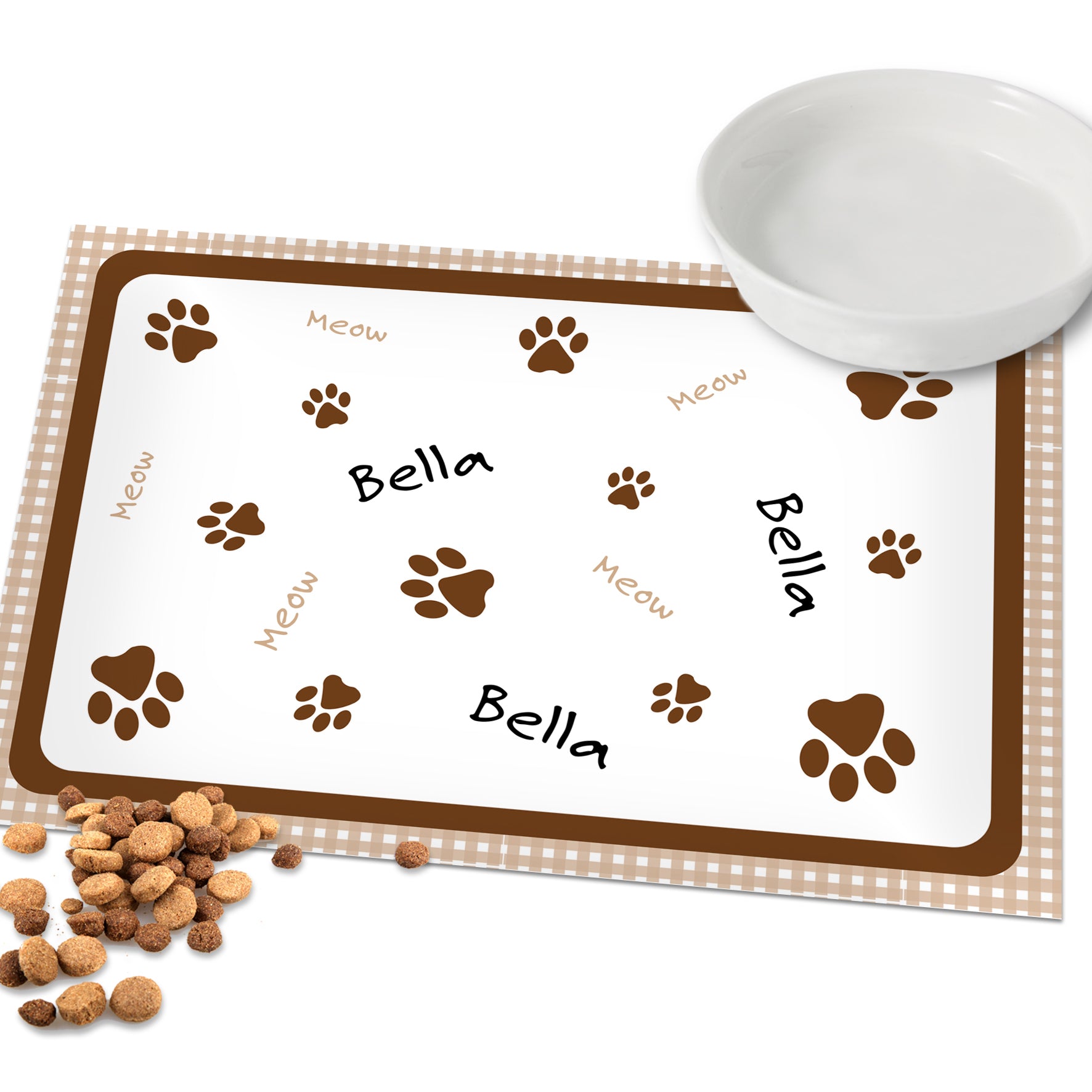 Personalised Brown Gingham Cat Pet Bowl Mat