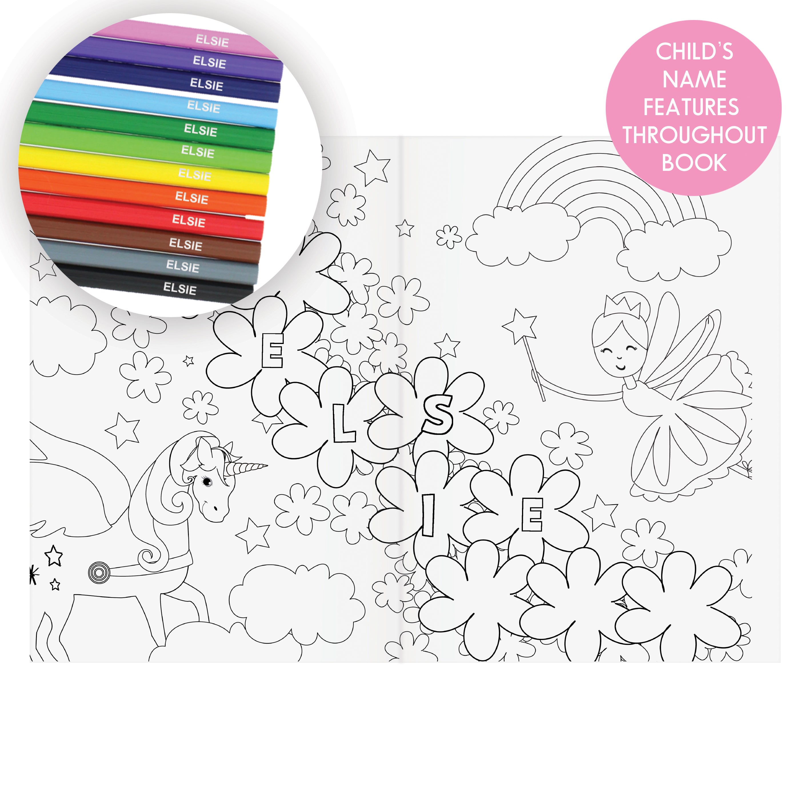 Personalised Princess & Unicorn Colouring Book with Pencil Crayons