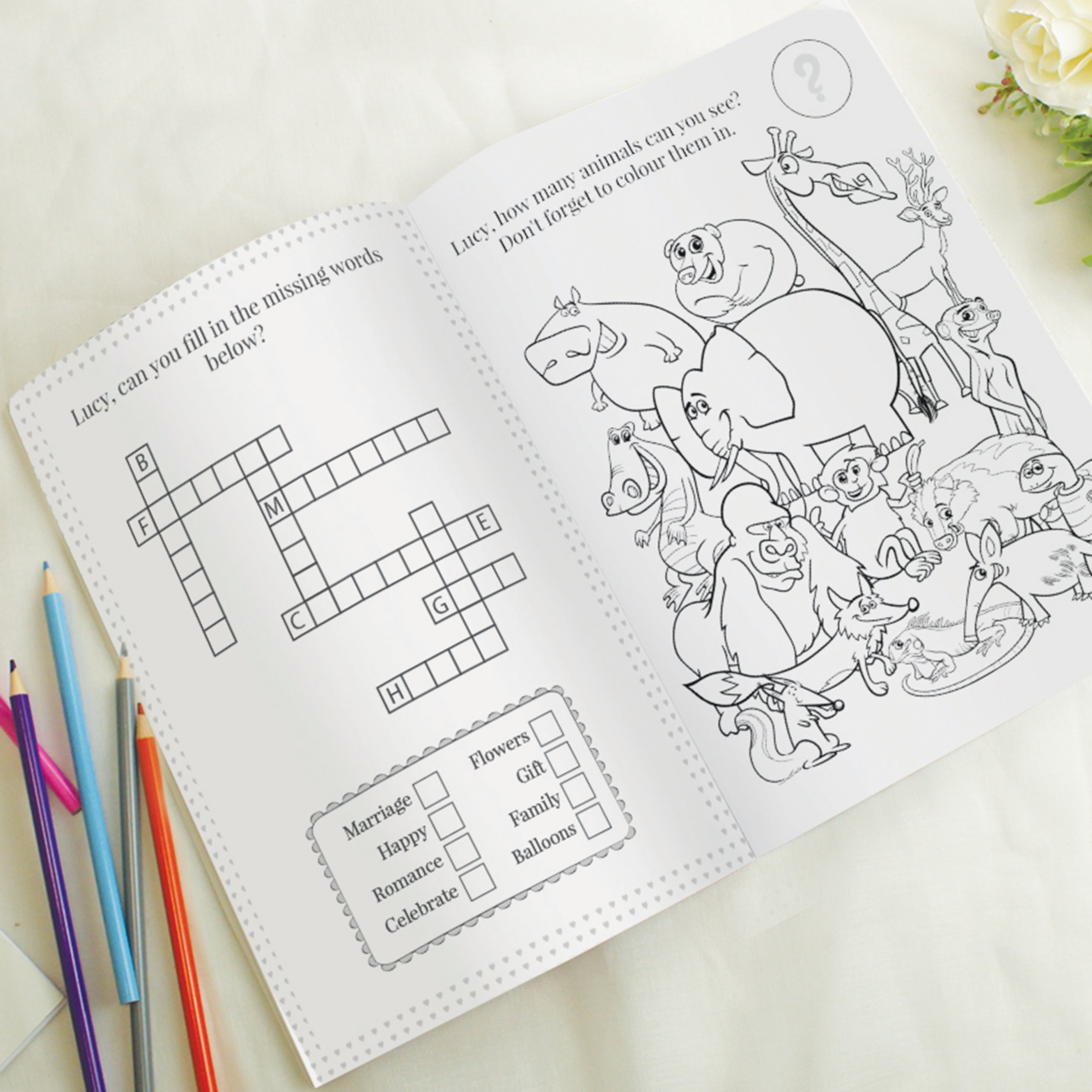 Personalised Pink A4 Wedding Activity & Colouring Book