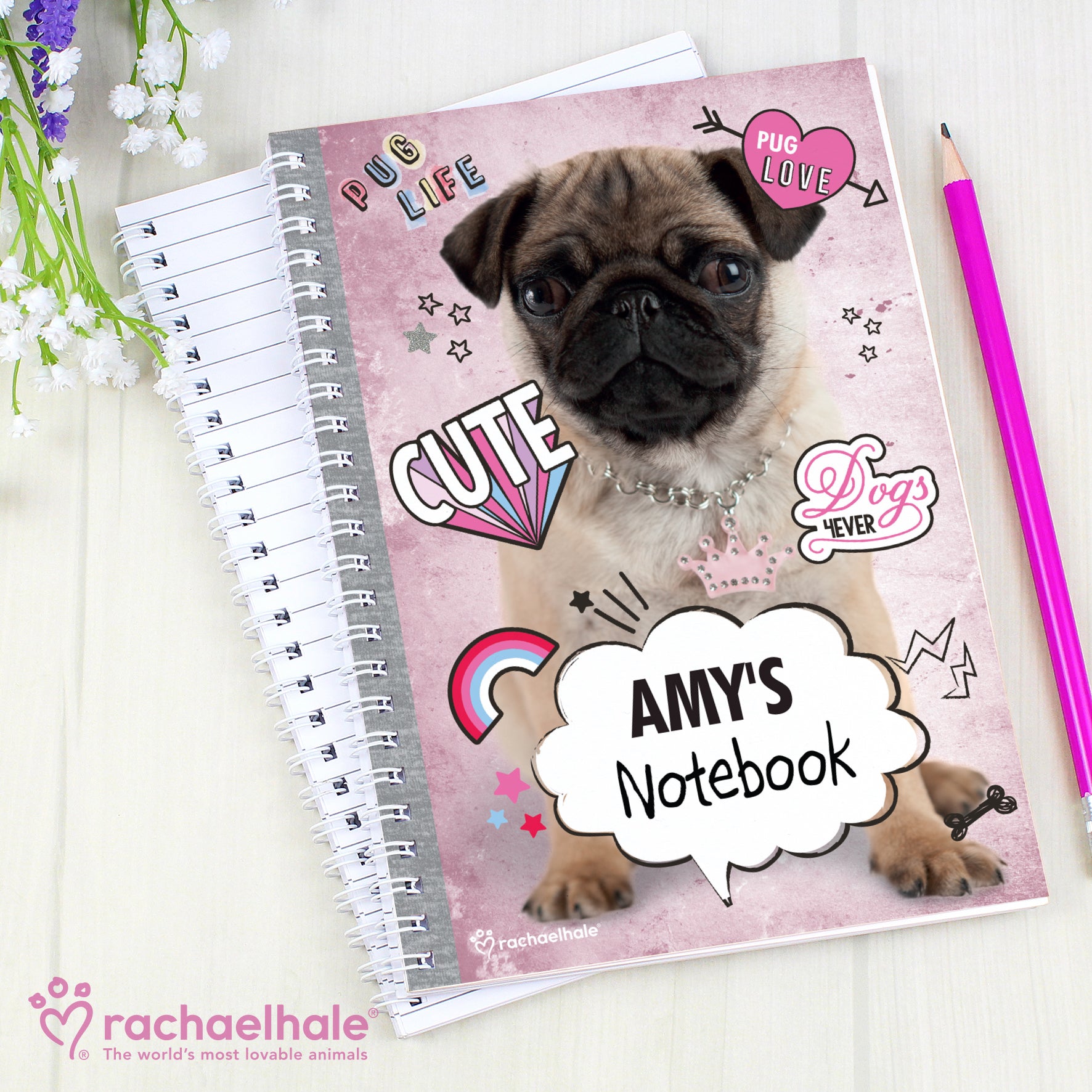 Personalised Rachael Hale Doodle Pug A5 Notebook