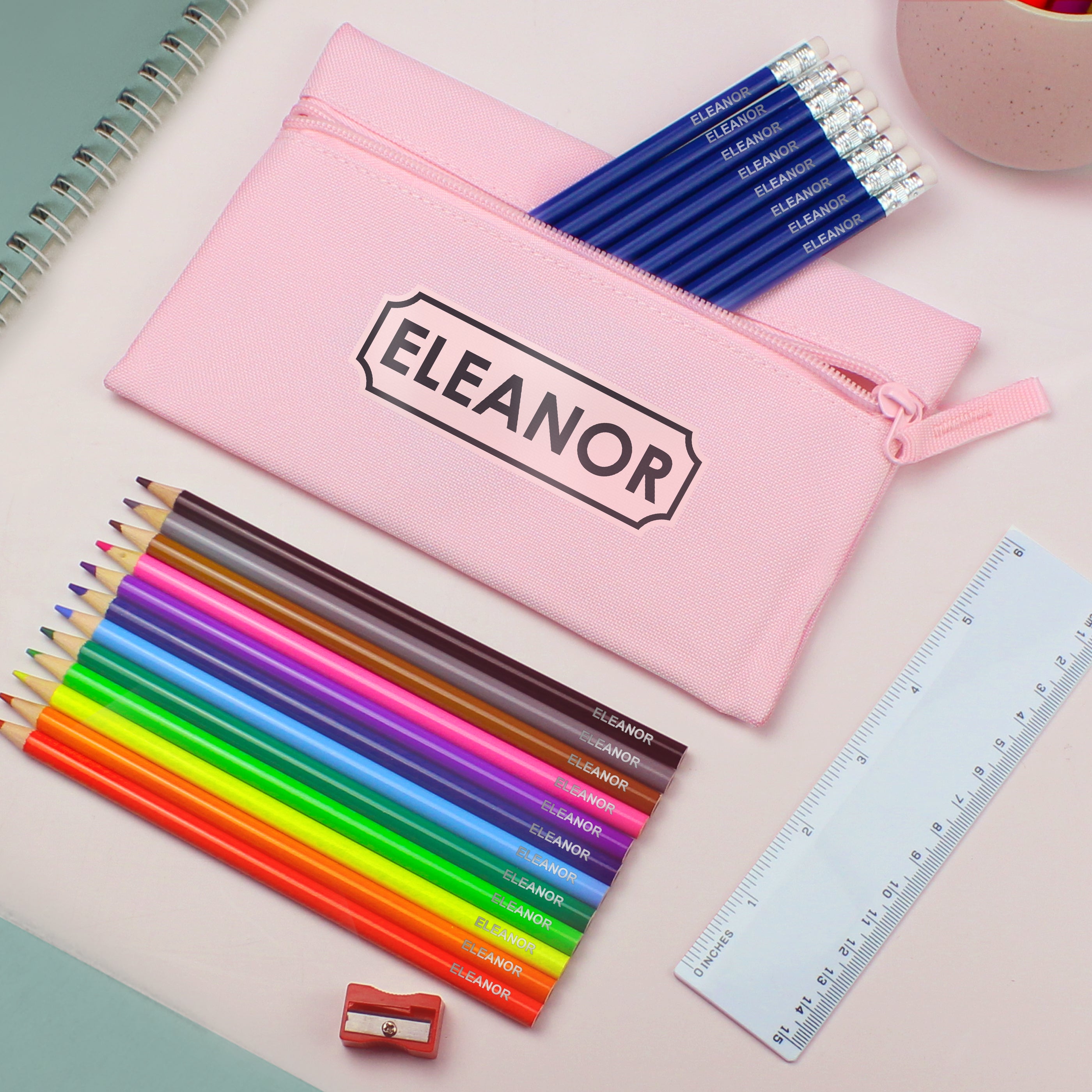 Pink Pencil Case with Personalised Pencils & Crayons