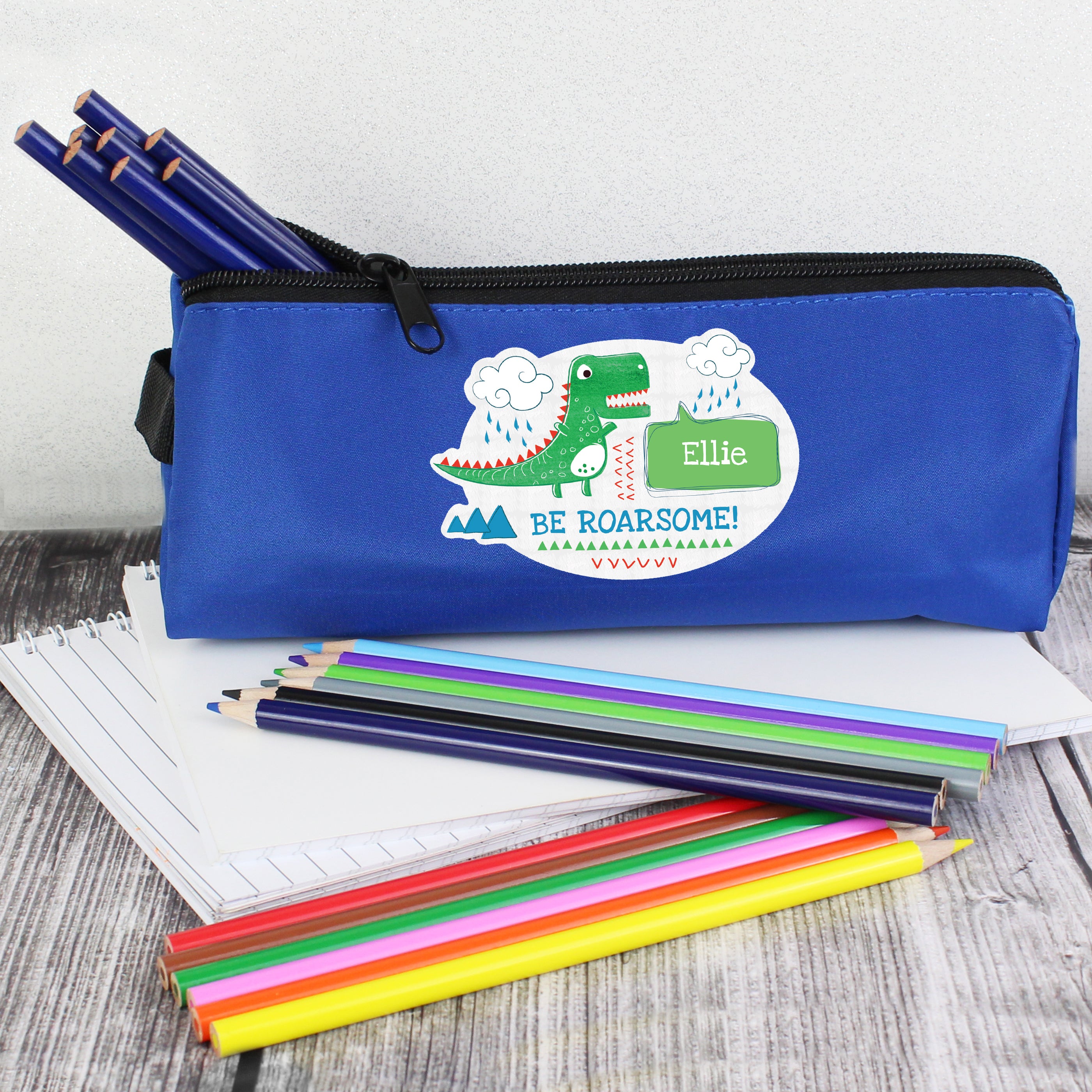 Personalised 'Be Roarsome' Dinosaur Blue Pencil Case