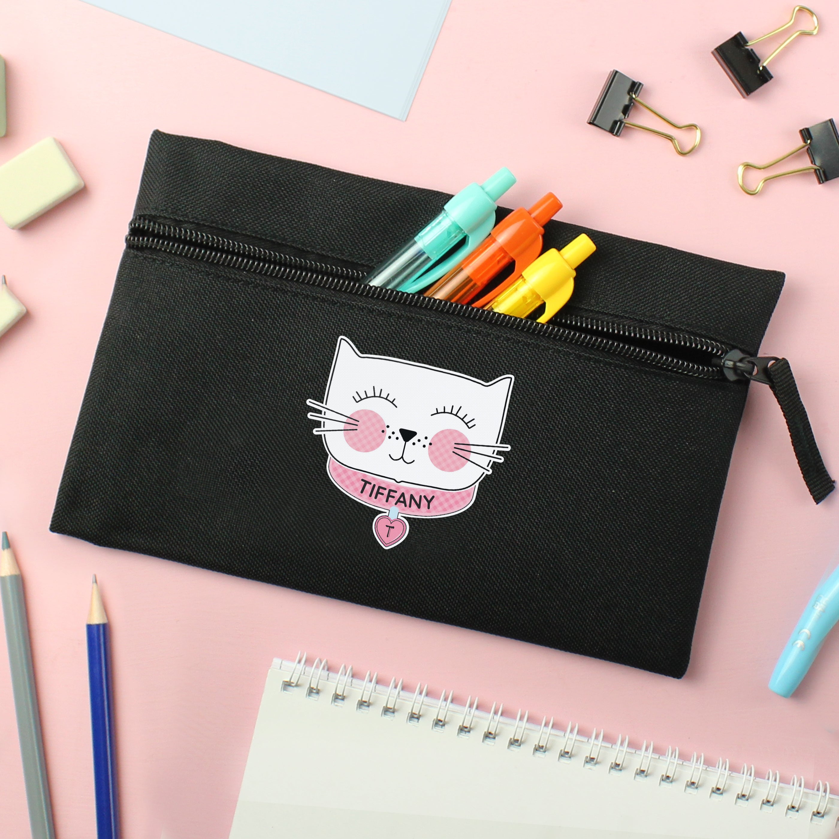 Personalised Cute Cat Black Pencil Case