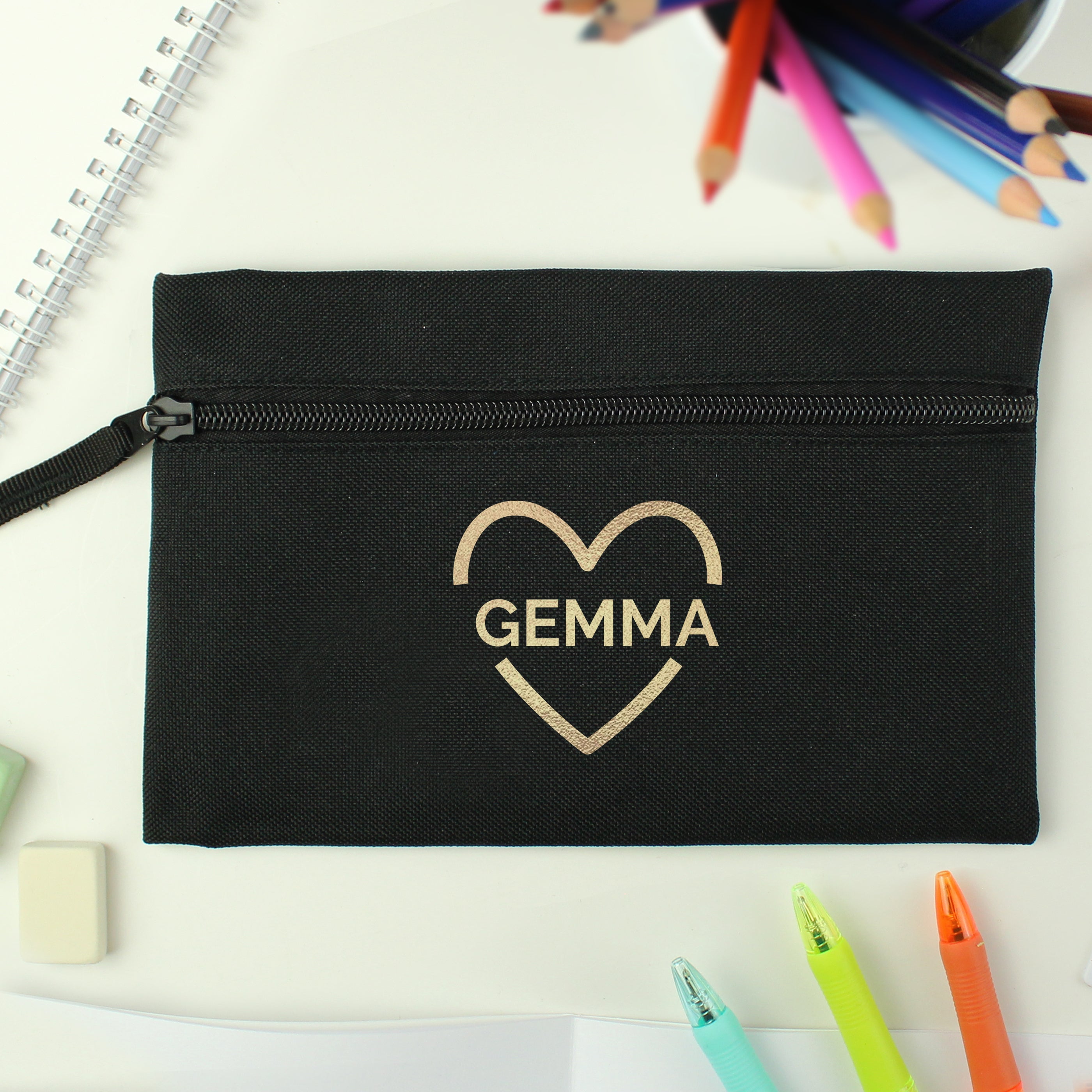 Personalised Gold Heart Black Pencil Case