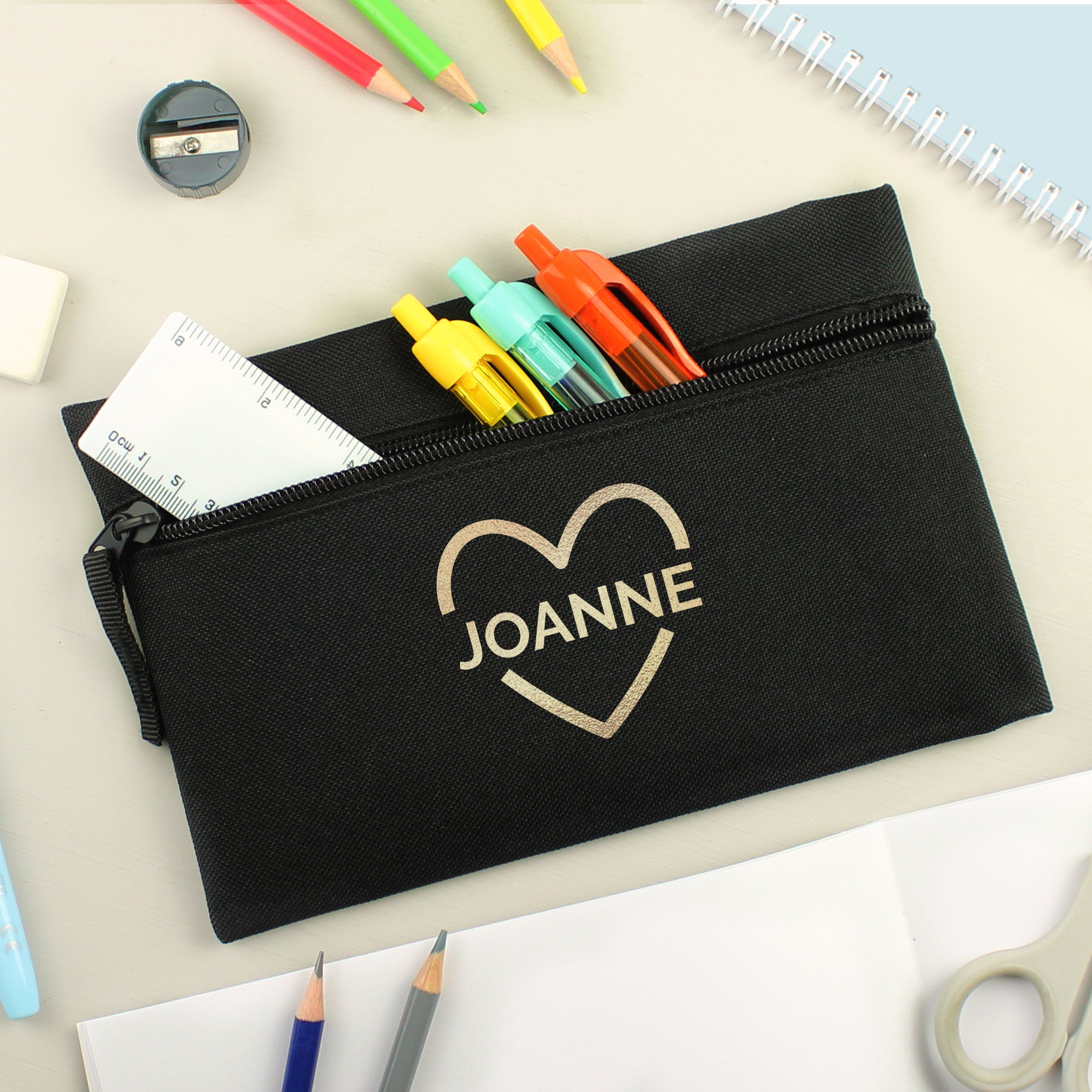 Personalised Gold Heart Black Pencil Case