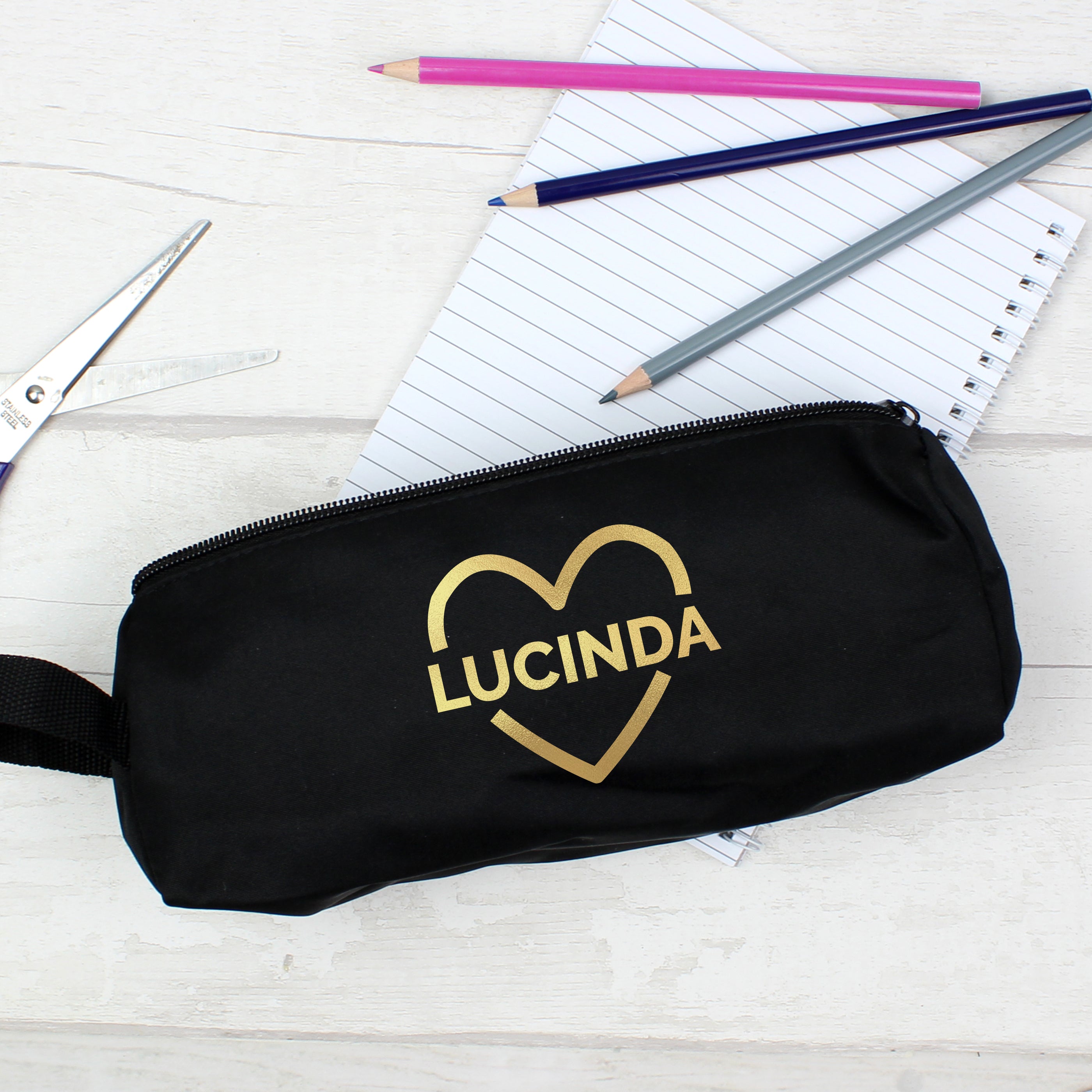 Personalised Gold Heart Black Pencil Case