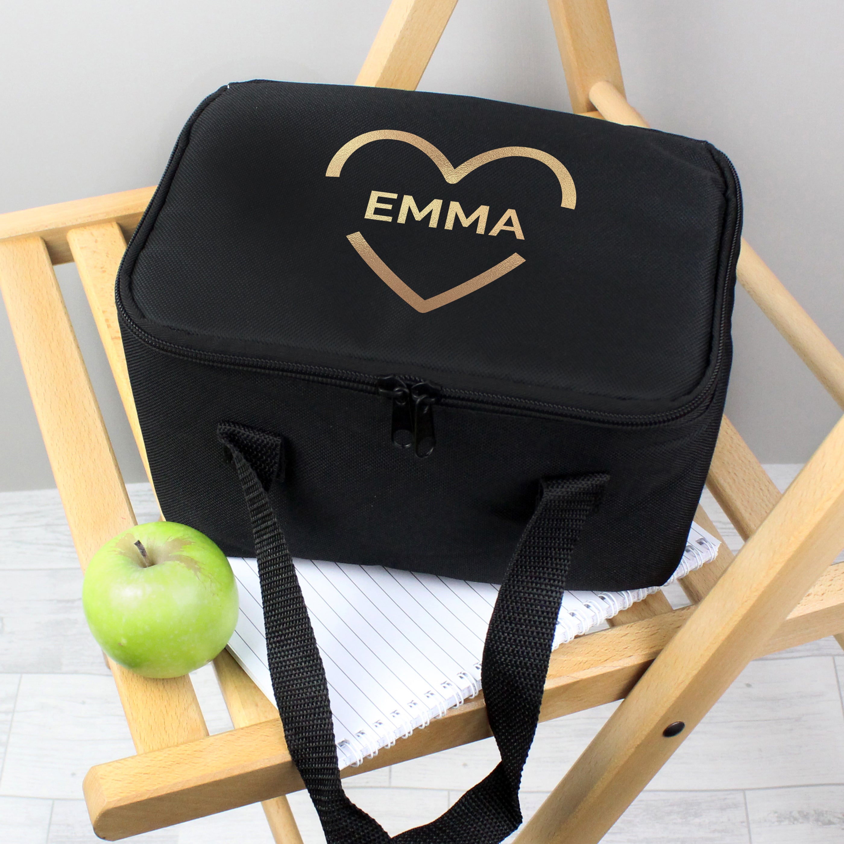 Personalised Gold Heart Black Lunch Bag