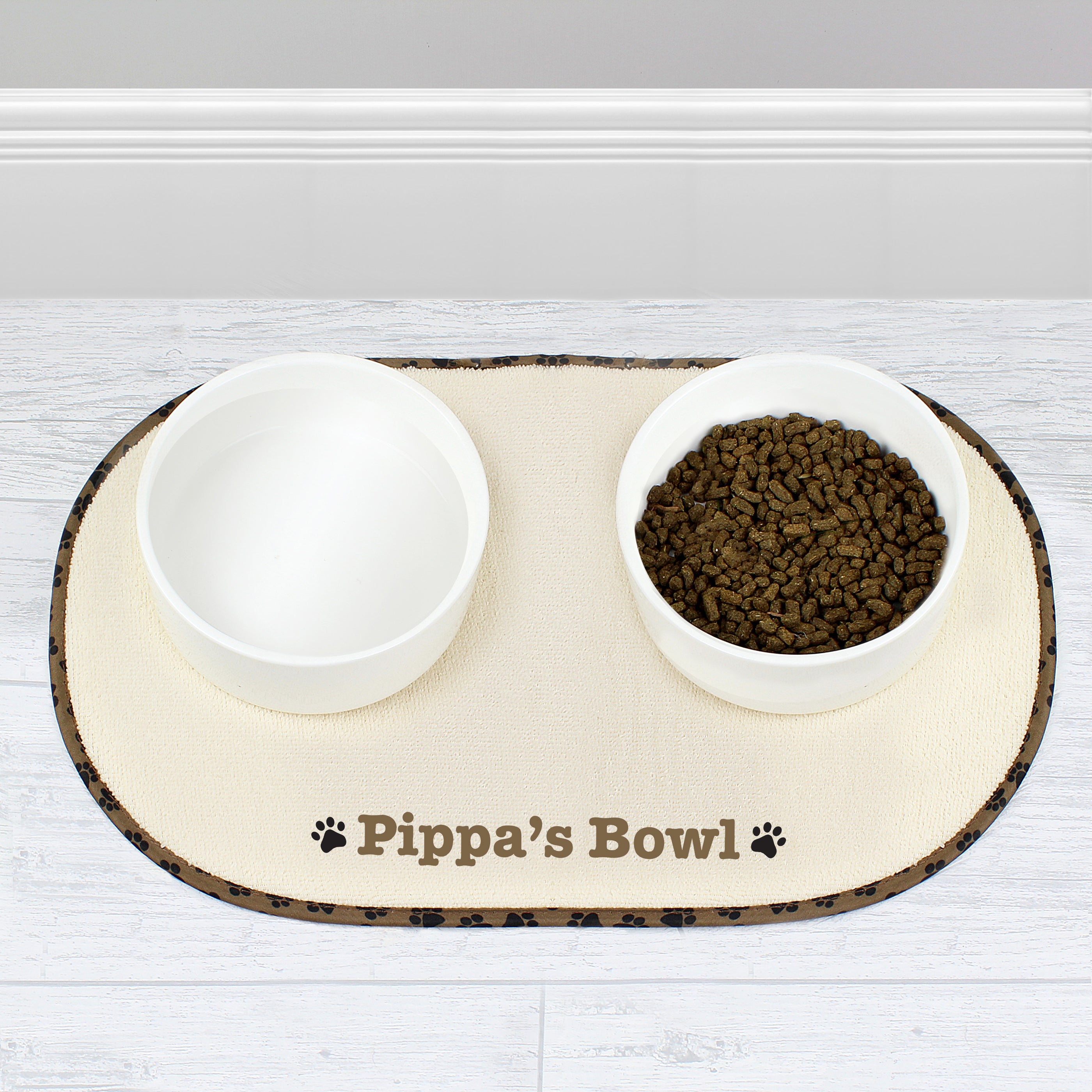 Personalised Brown Microfibre Paw Print Pet Bowl Mat