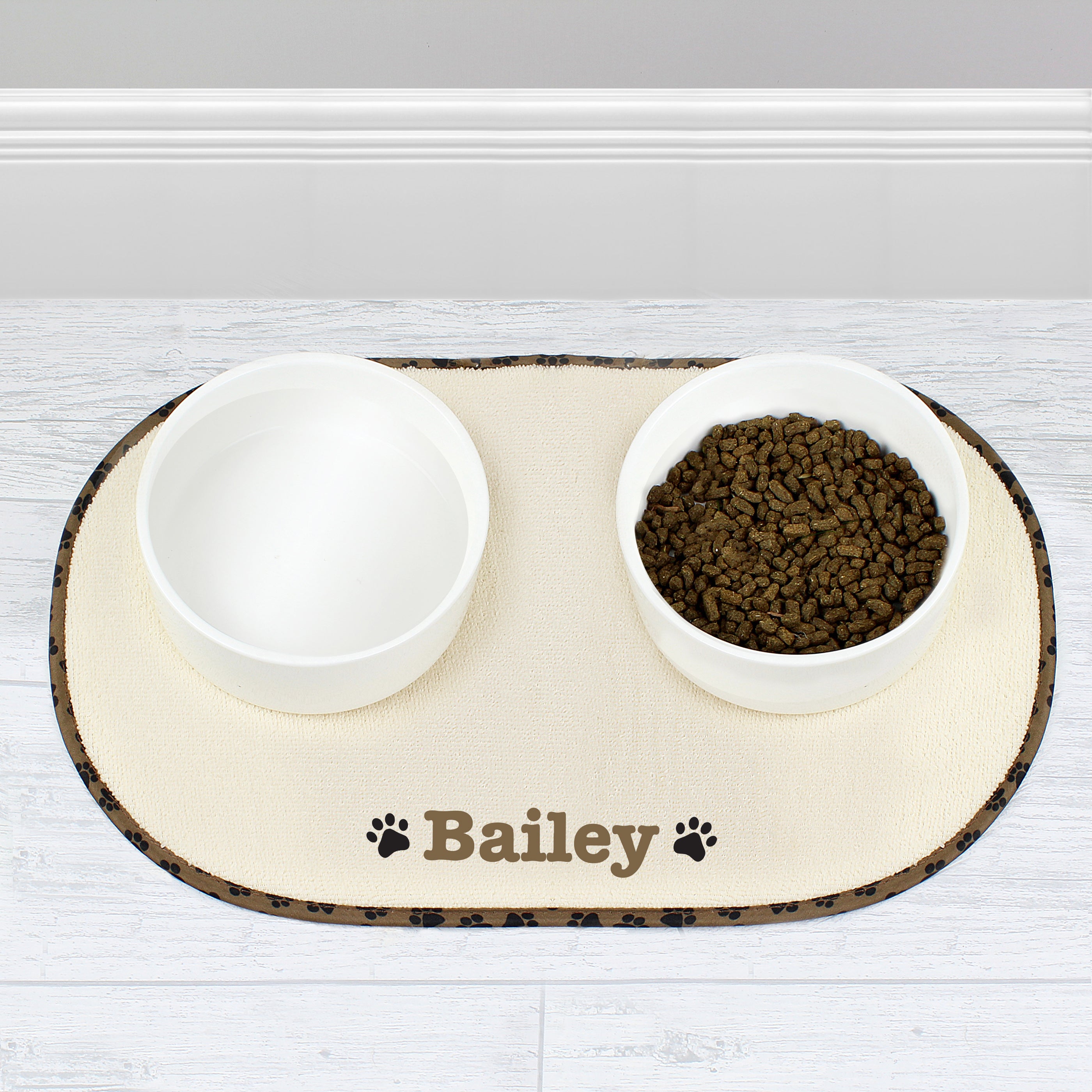 Personalised Brown Microfibre Paw Print Pet Bowl Mat