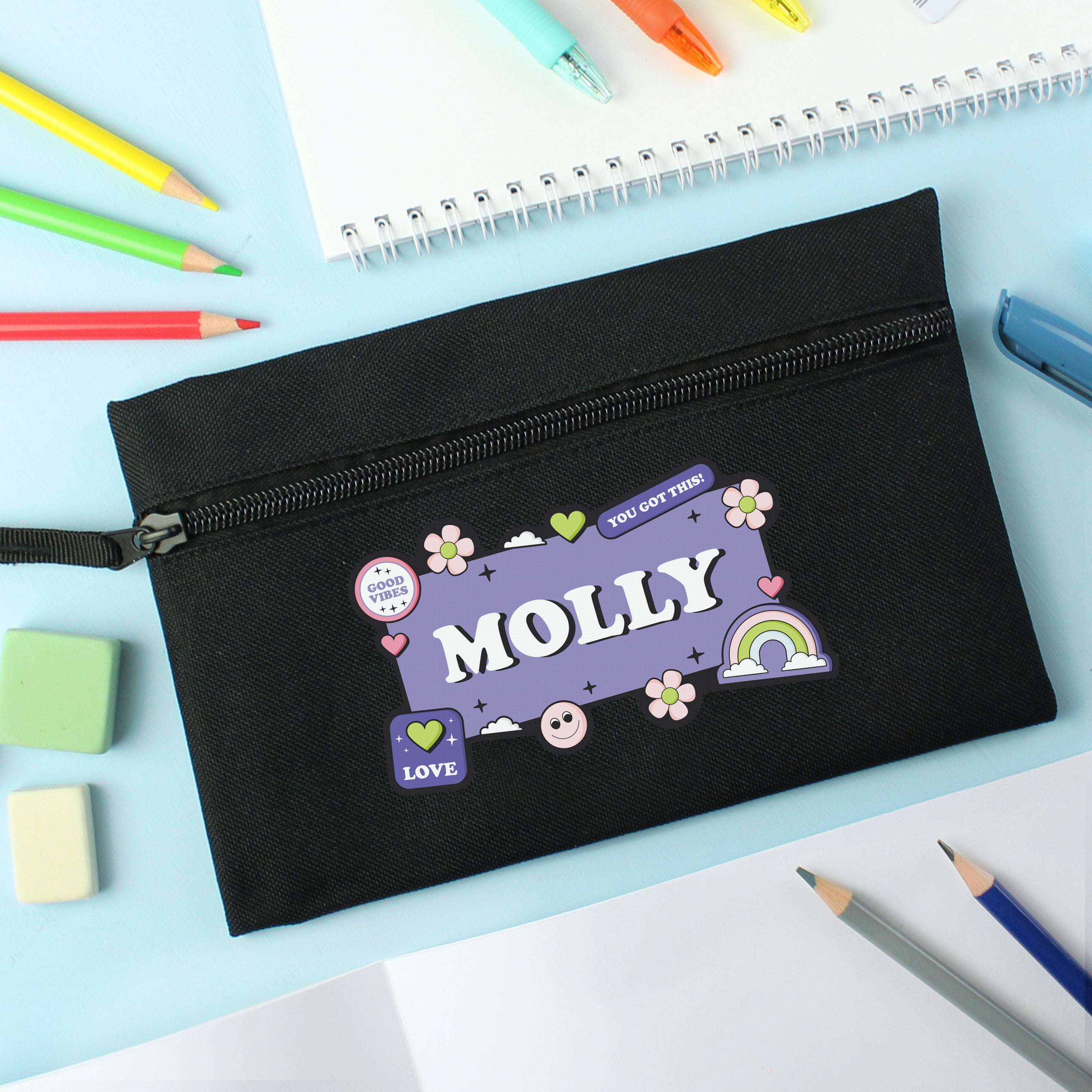 Personalised Good Vibes Black Pencil Case