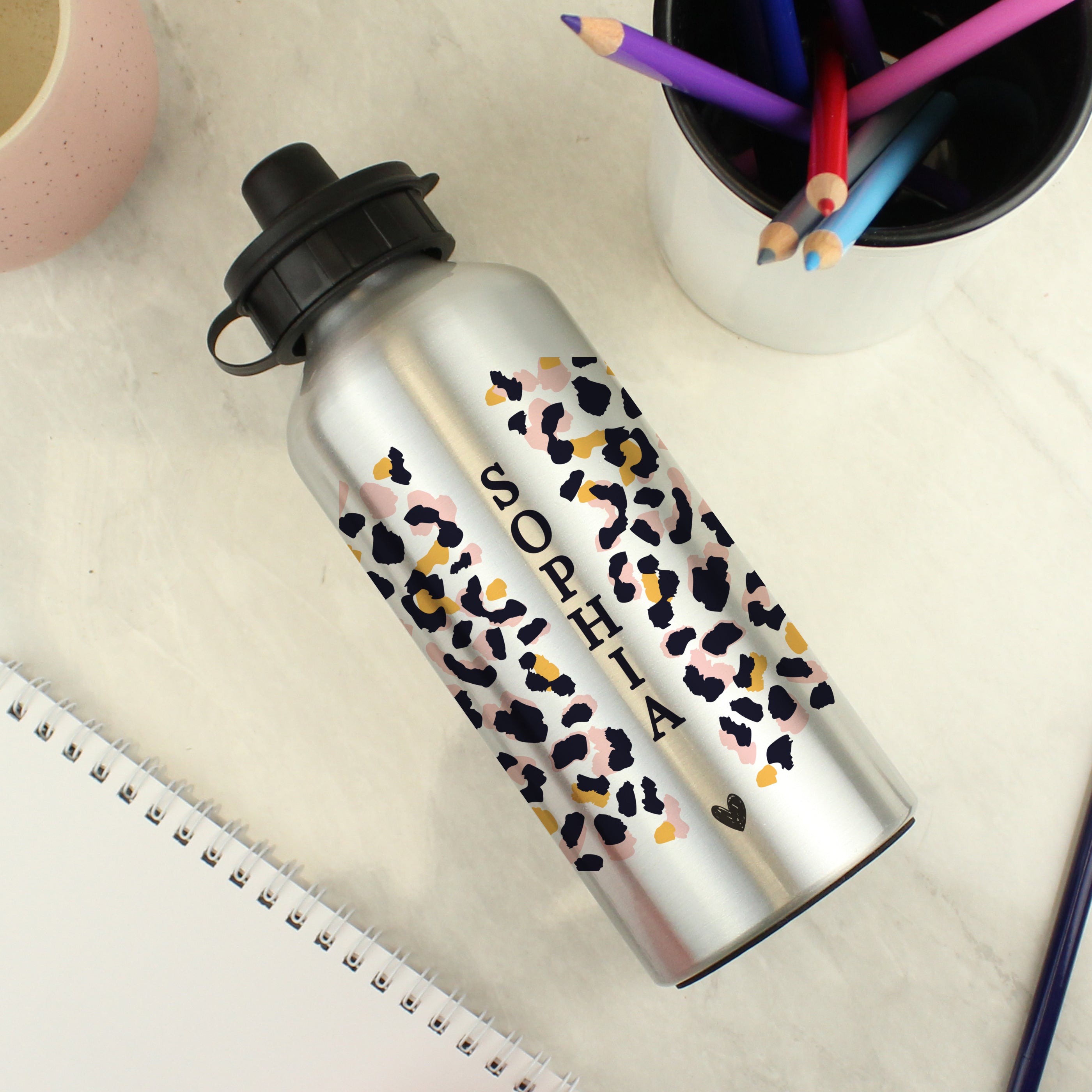 Personalised Leopard Print Silver Drinks Bottle