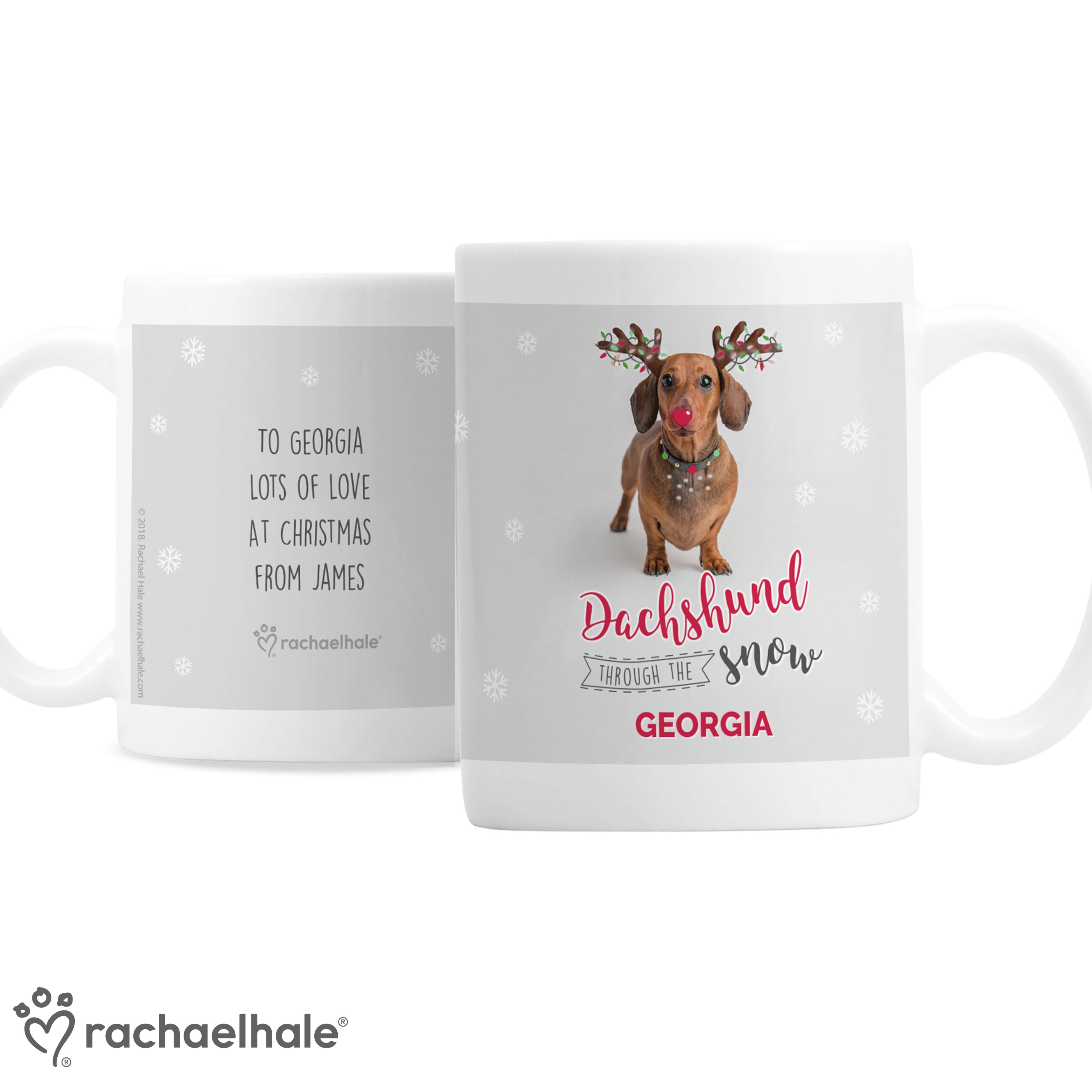 Personalised Rachael Hale Christmas Dachshund Through the Snow Mug