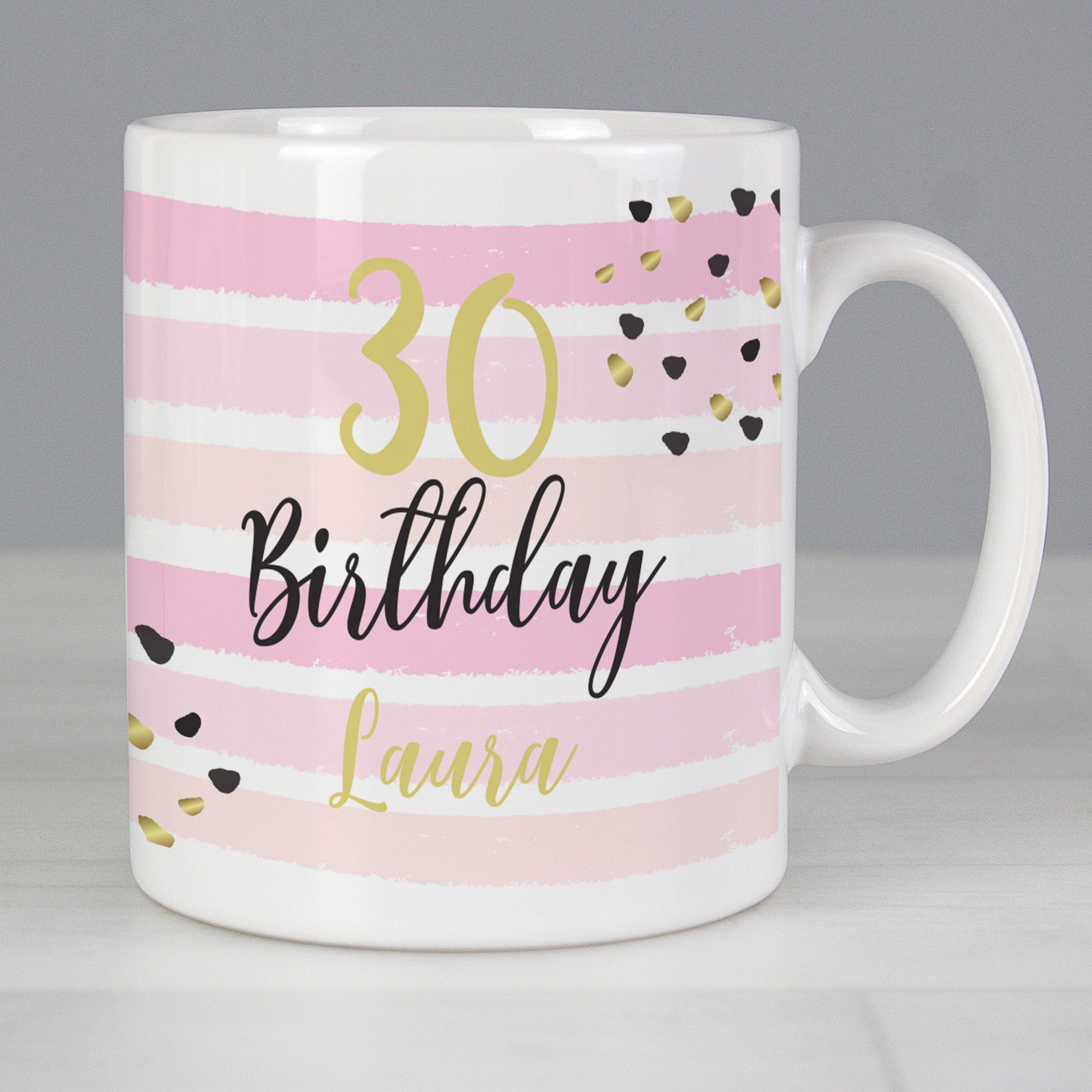 Personalised Birthday Gold and Pink Stripe Mug