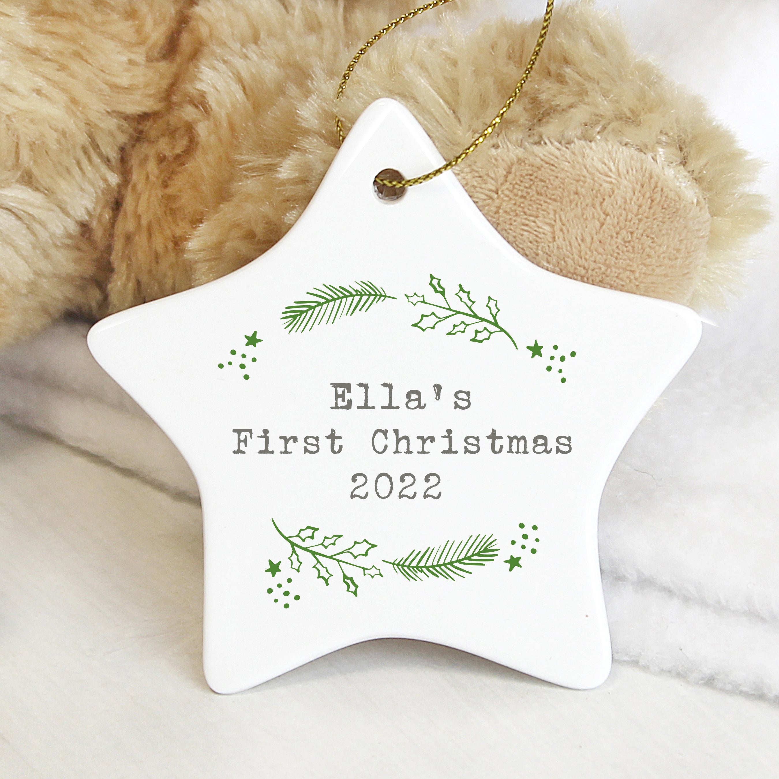 Personalised Christmas Holly Ceramic Star Decoration