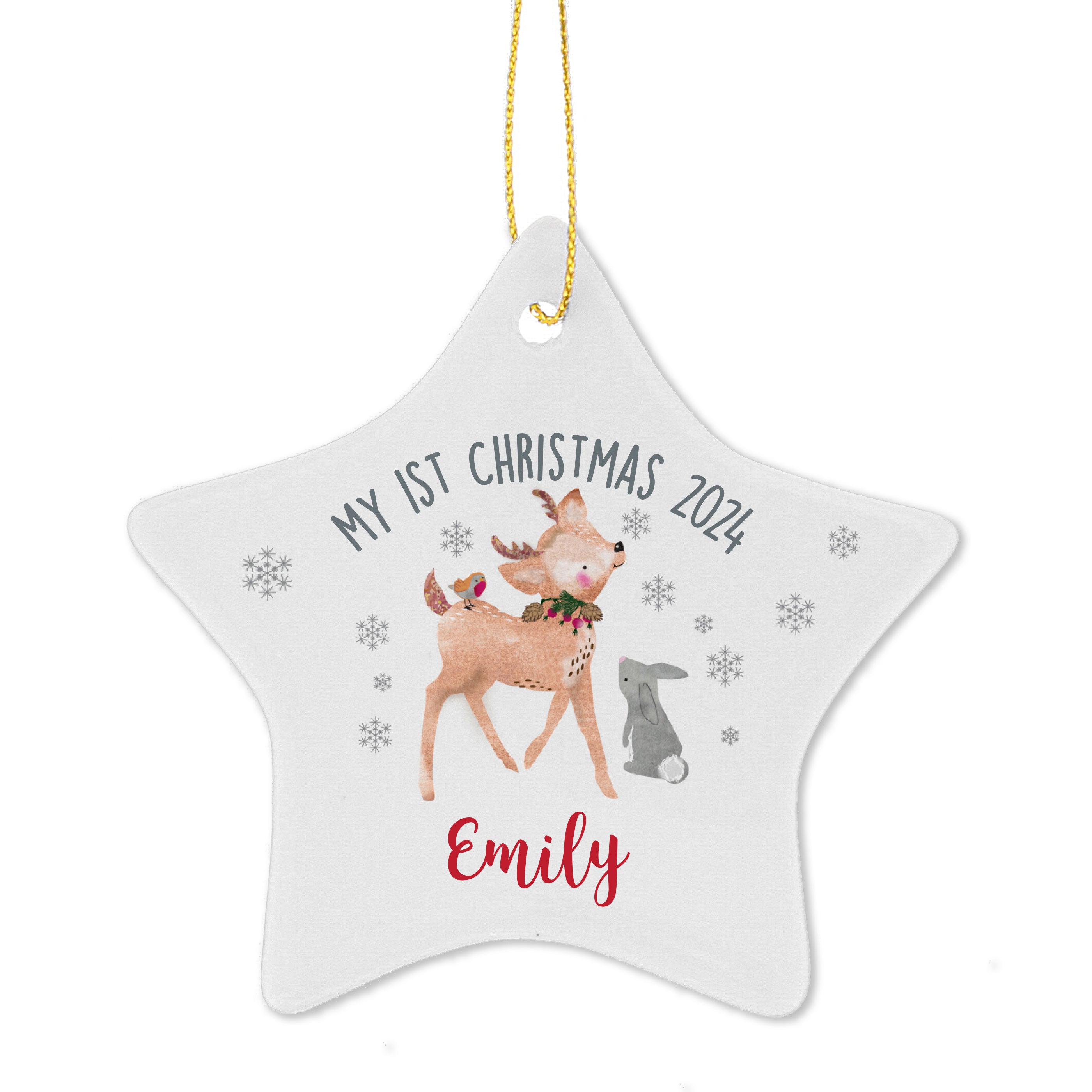 Personalised 1st Christmas Festive Fawn Ceramic Star Decoration