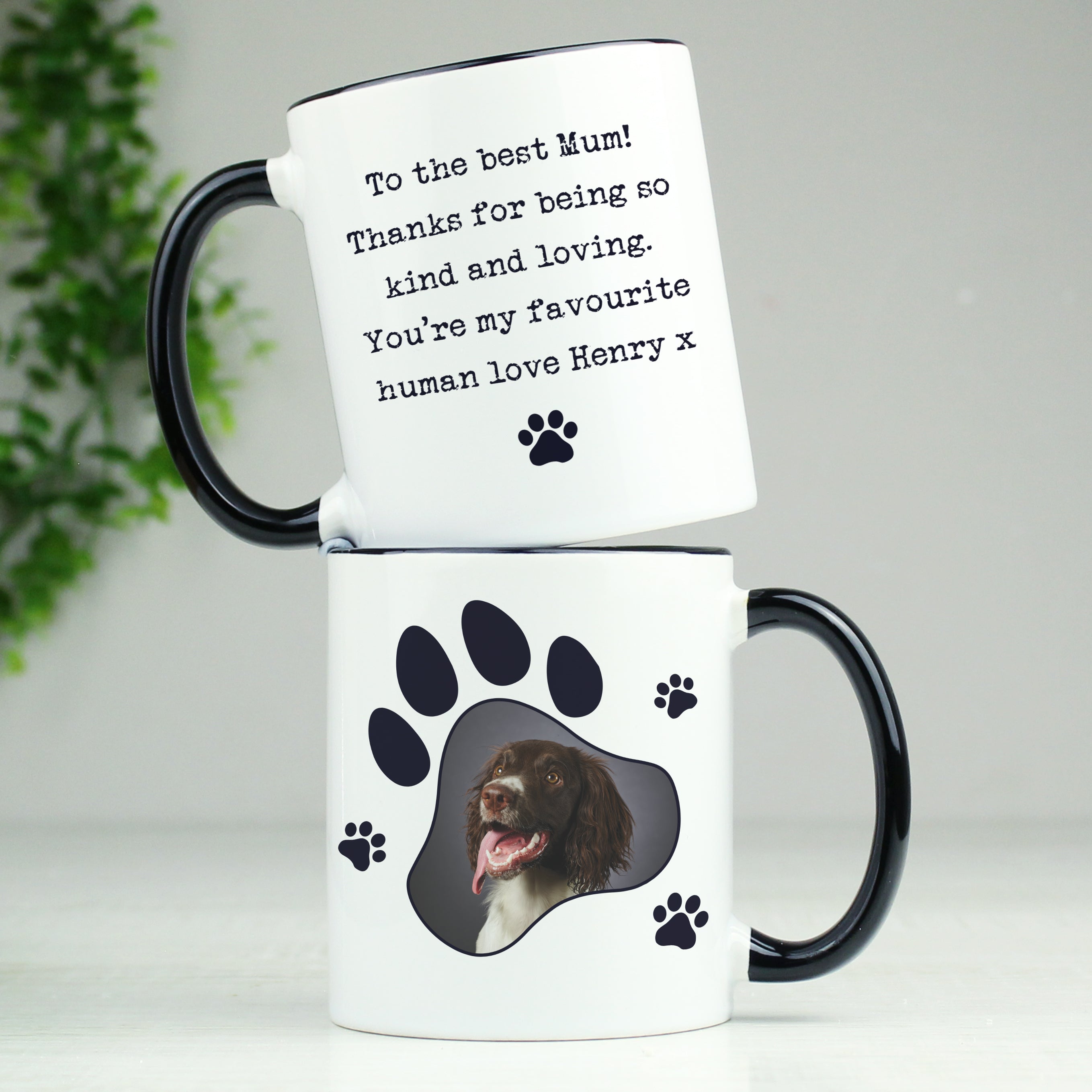 Personalised Paw Print Pet Photo Upload Black Handled Mug