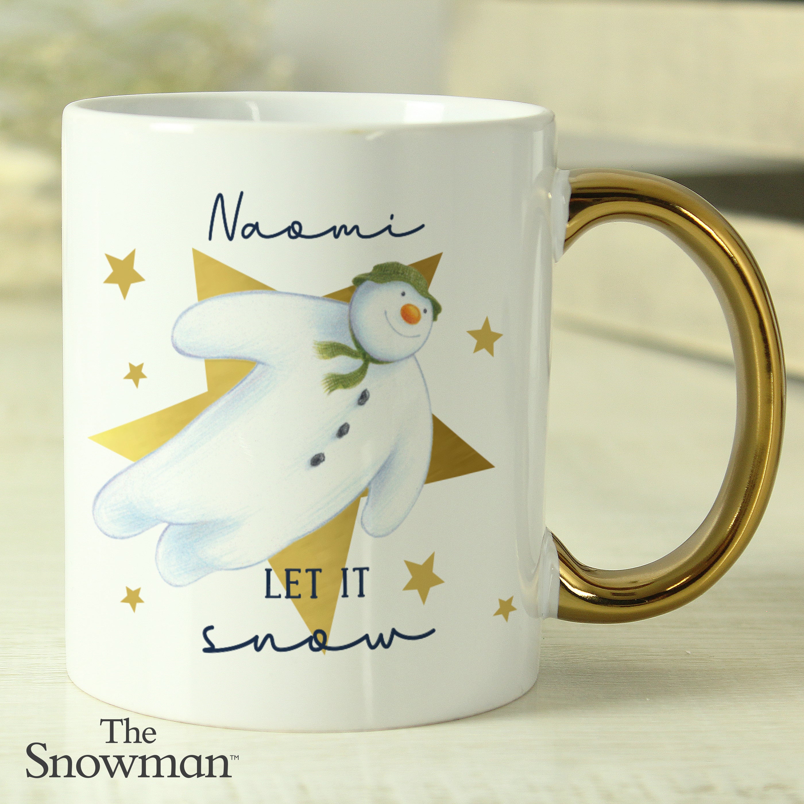 Personalised The Snowman Let it Snow Gold Handed Mug