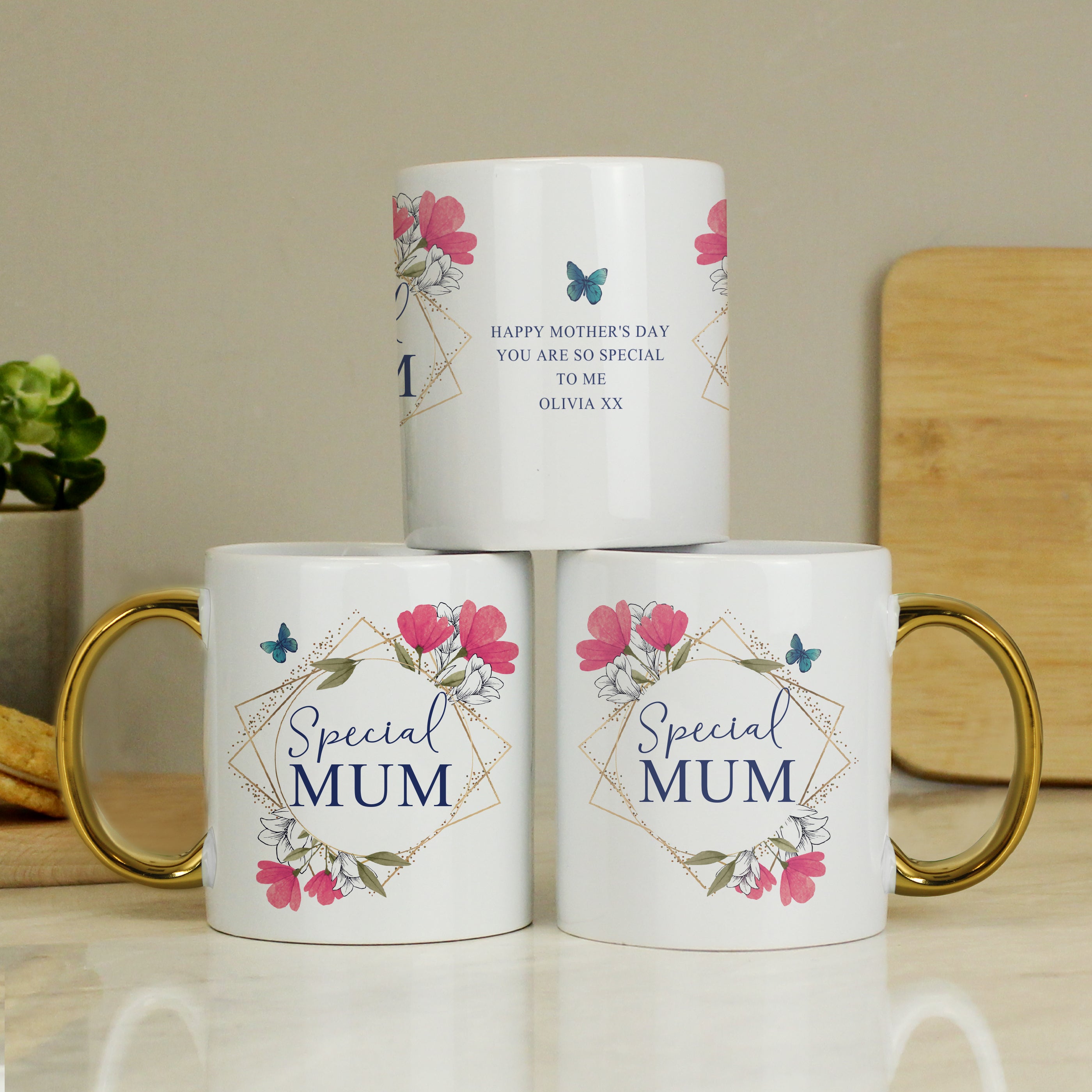 Personalised Geometric Floral Gold Handle Mug