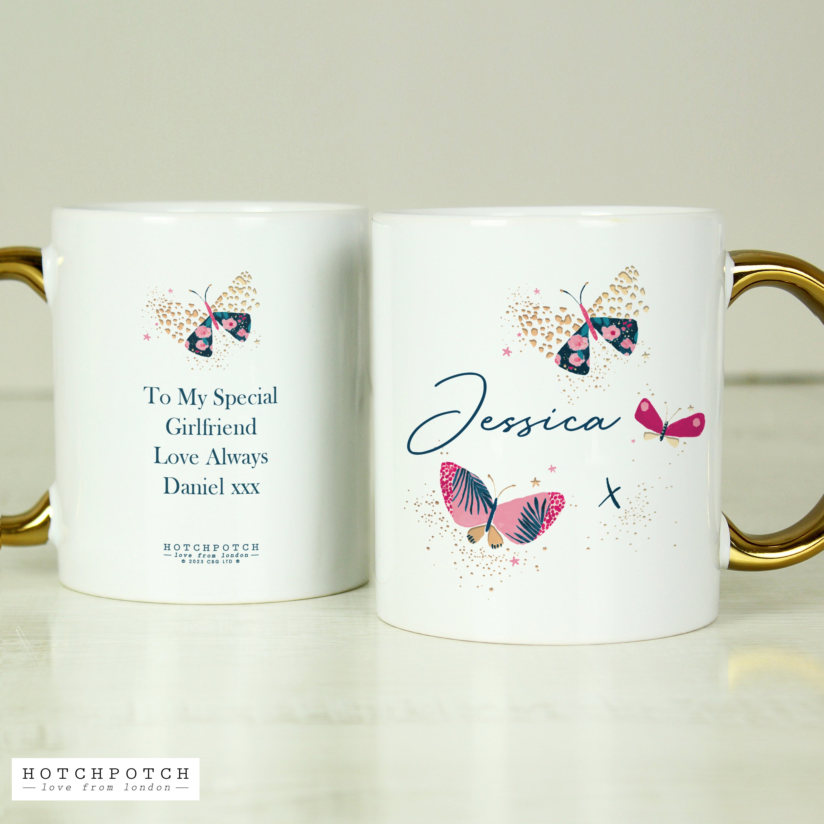 Personalised Hotchpotch Butterfly Gold Handle Mug