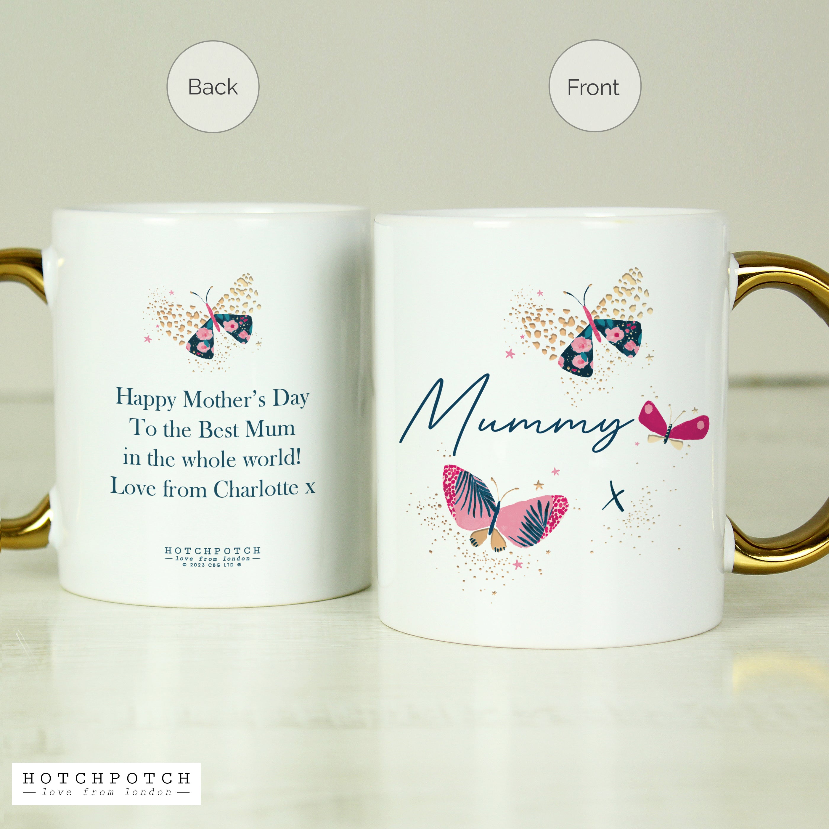 Personalised Hotchpotch Butterfly Gold Handle Mug