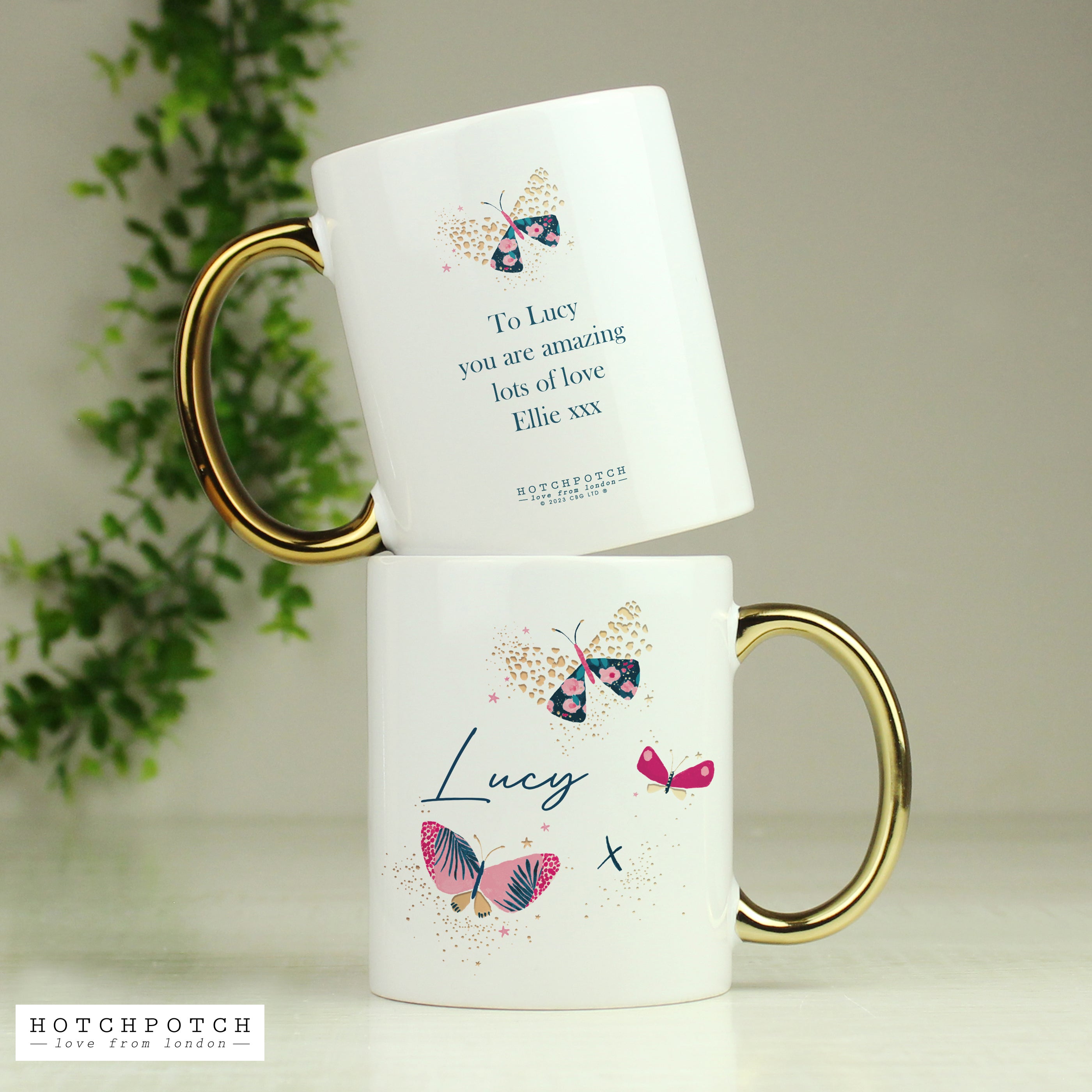 Personalised Hotchpotch Butterfly Gold Handle Mug